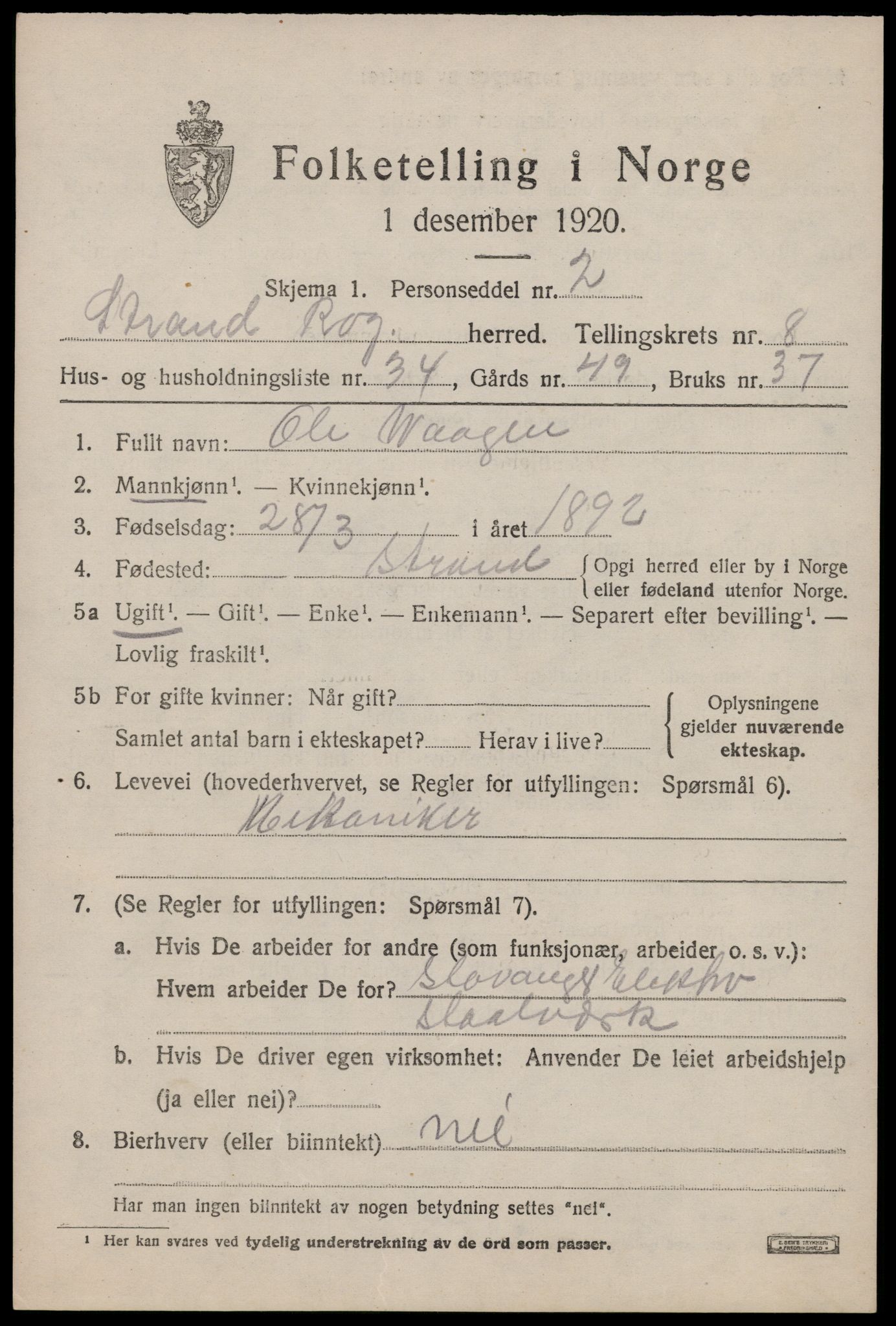 SAST, 1920 census for Strand, 1920, p. 5466