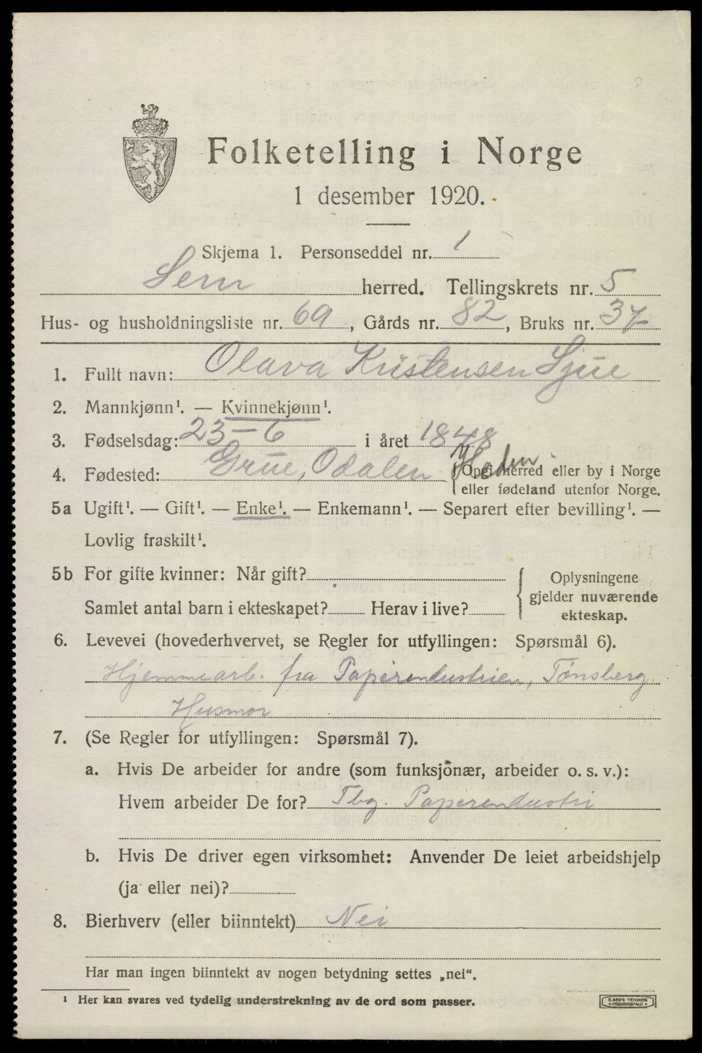 SAKO, 1920 census for Sem, 1920, p. 8523