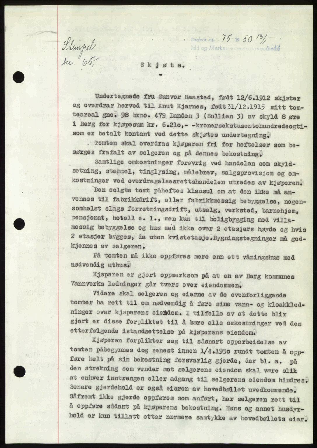 Idd og Marker sorenskriveri, AV/SAO-A-10283/G/Gb/Gbb/L0013: Mortgage book no. A13, 1949-1950, Diary no: : 75/1950
