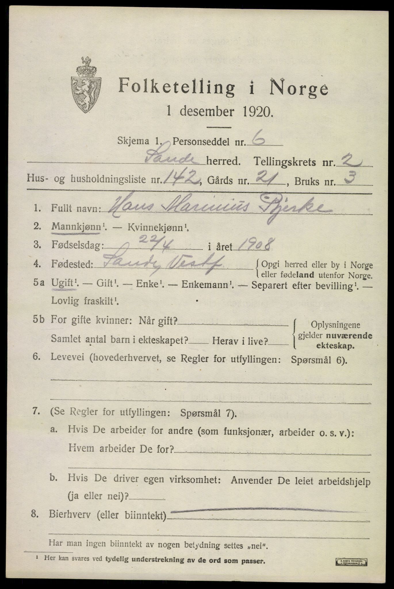 SAKO, 1920 census for Sande, 1920, p. 4044