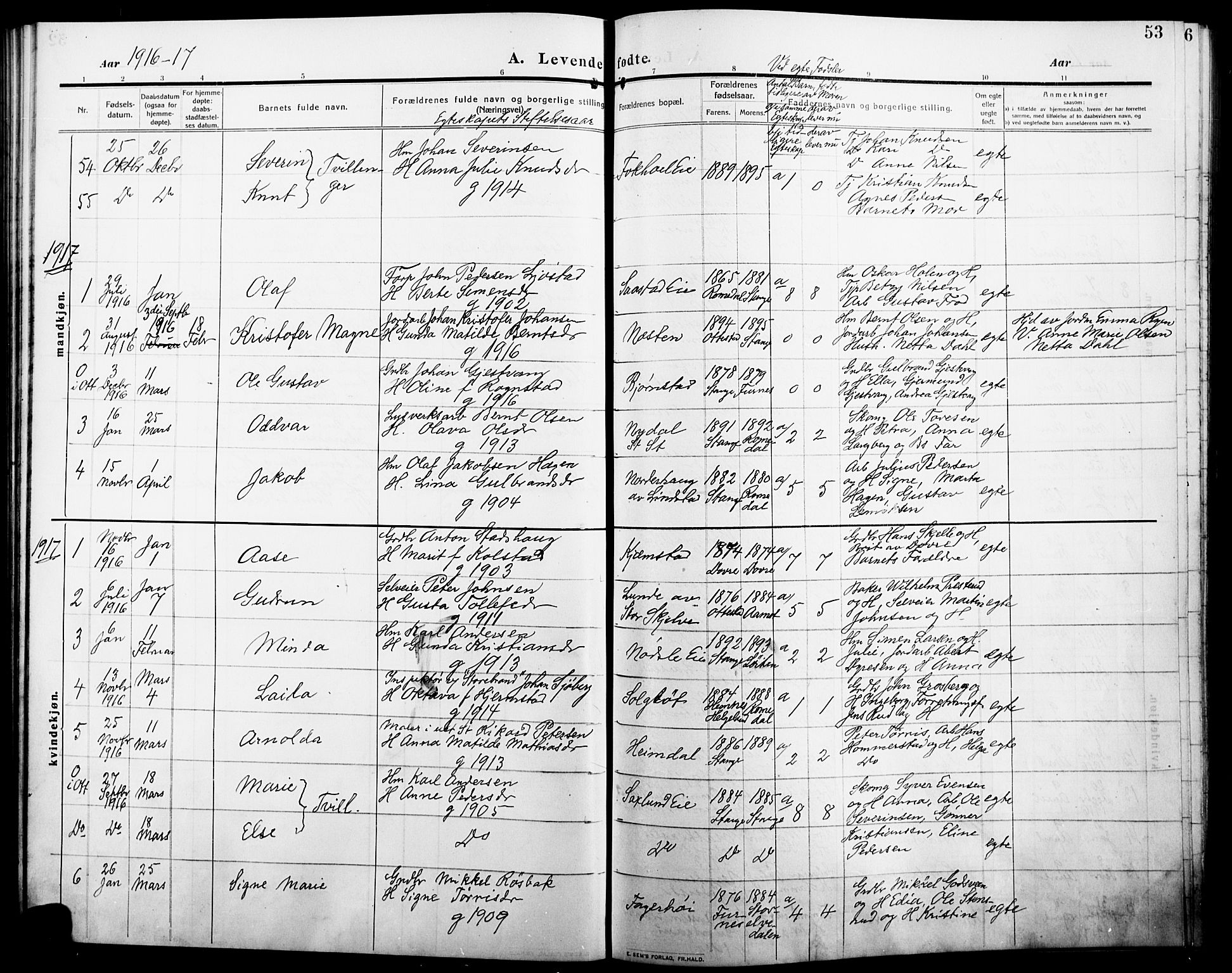 Stange prestekontor, AV/SAH-PREST-002/L/L0014: Parish register (copy) no. 14, 1909-1917, p. 53