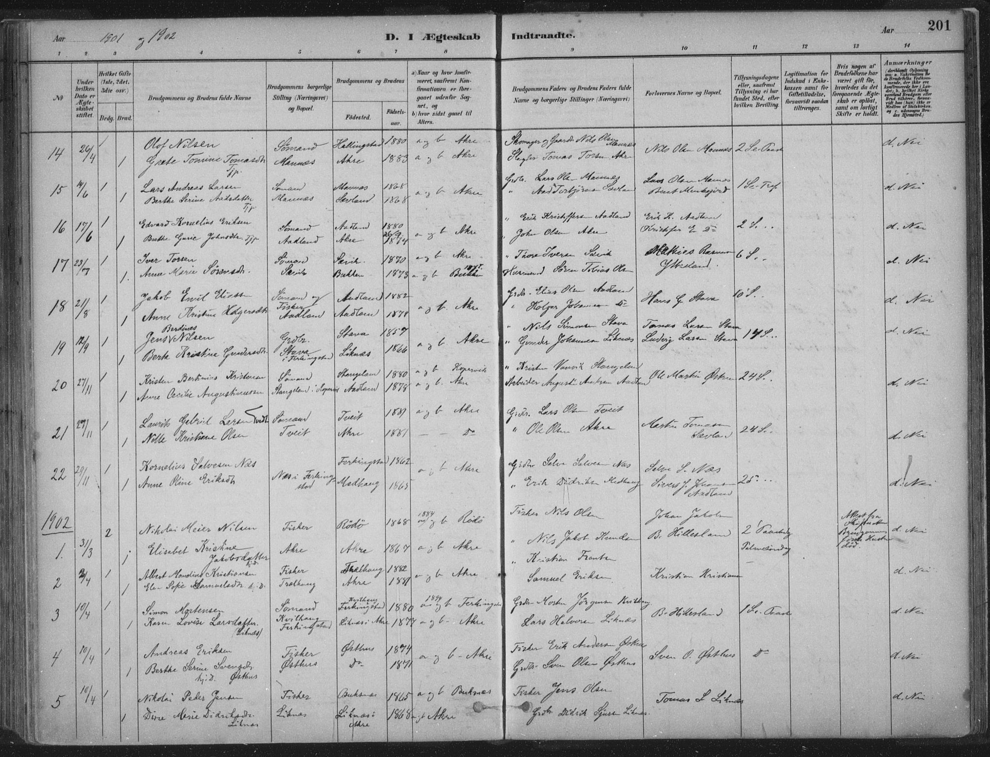 Kopervik sokneprestkontor, SAST/A-101850/H/Ha/Haa/L0004: Parish register (official) no. A 4, 1882-1905, p. 201