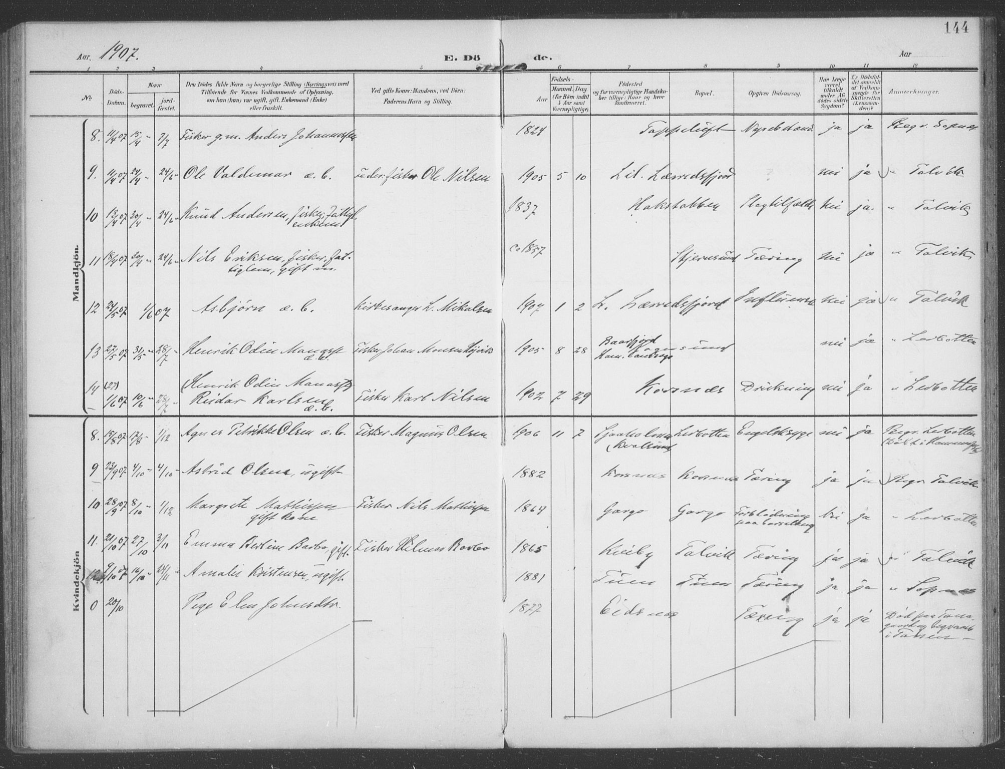 Talvik sokneprestkontor, AV/SATØ-S-1337/H/Ha/L0017kirke: Parish register (official) no. 17, 1906-1915, p. 144