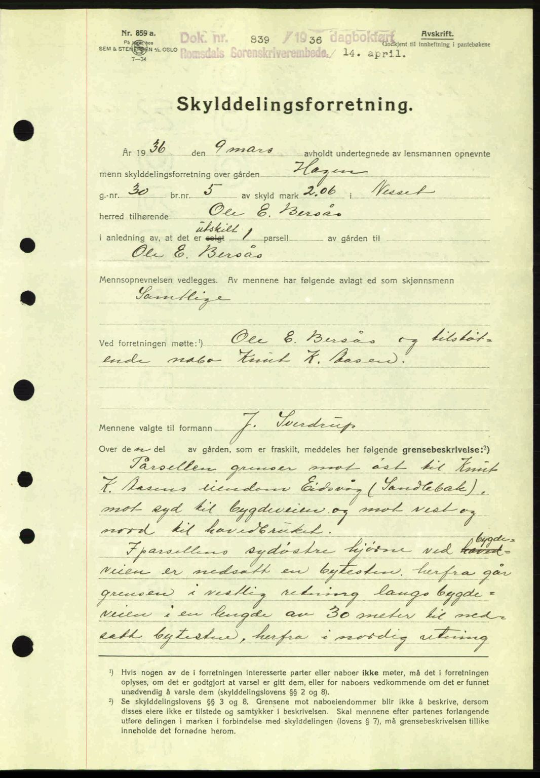 Romsdal sorenskriveri, AV/SAT-A-4149/1/2/2C: Mortgage book no. A1, 1936-1936, Diary no: : 839/1936