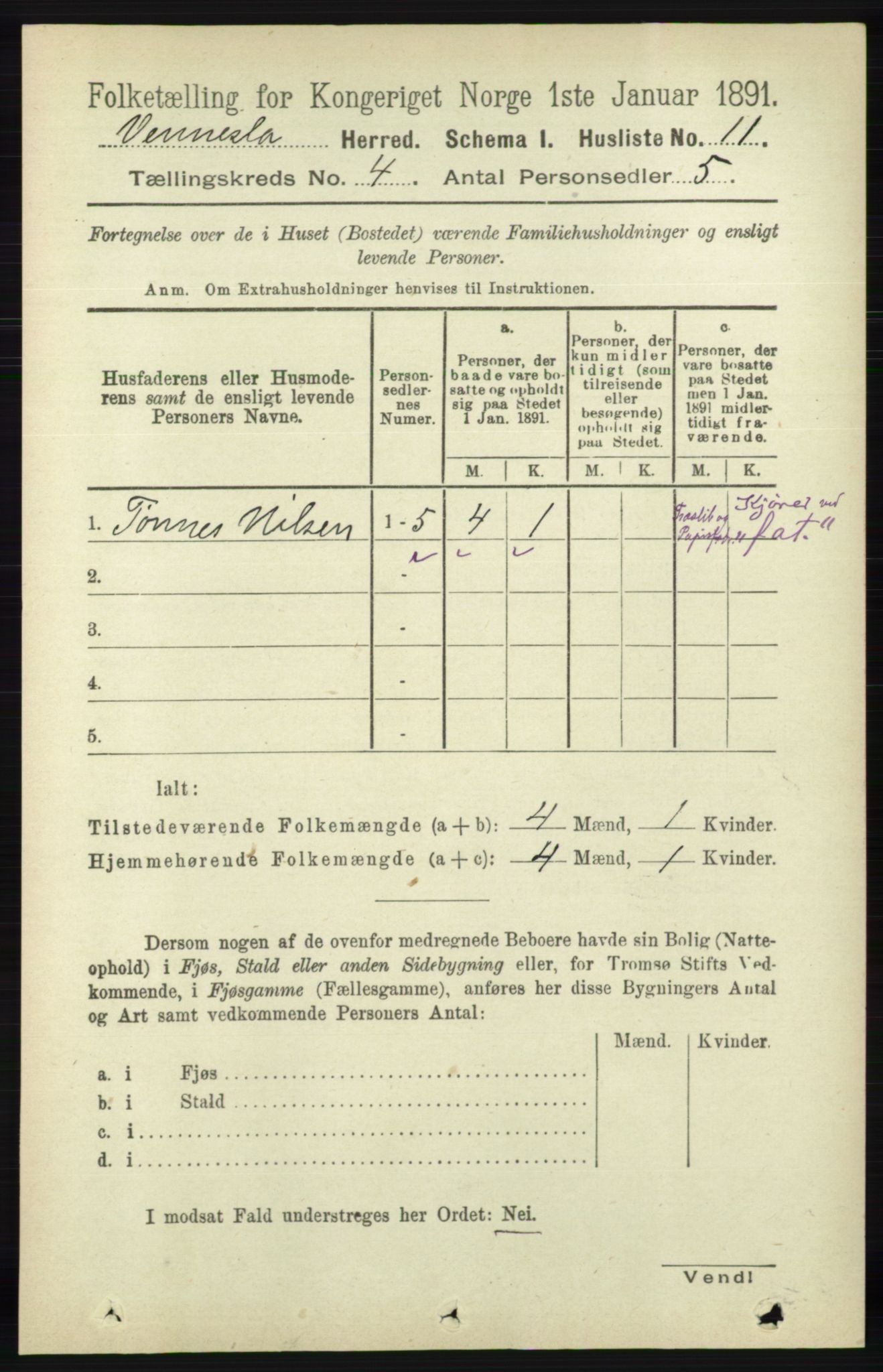 RA, 1891 census for 1014 Vennesla, 1891, p. 845