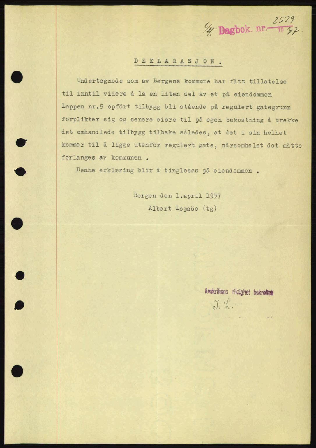 Byfogd og Byskriver i Bergen, SAB/A-3401/03/03Bc/L0004: Mortgage book no. A3-4, 1936-1937, Diary no: : 2529/1937
