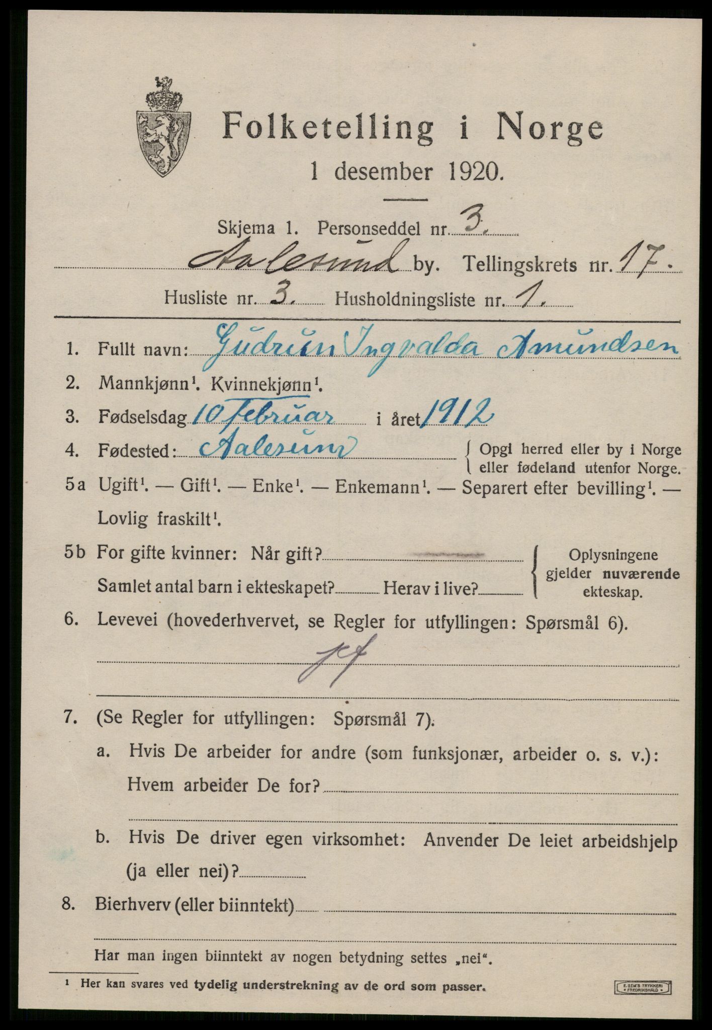 SAT, 1920 census for Ålesund, 1920, p. 33258