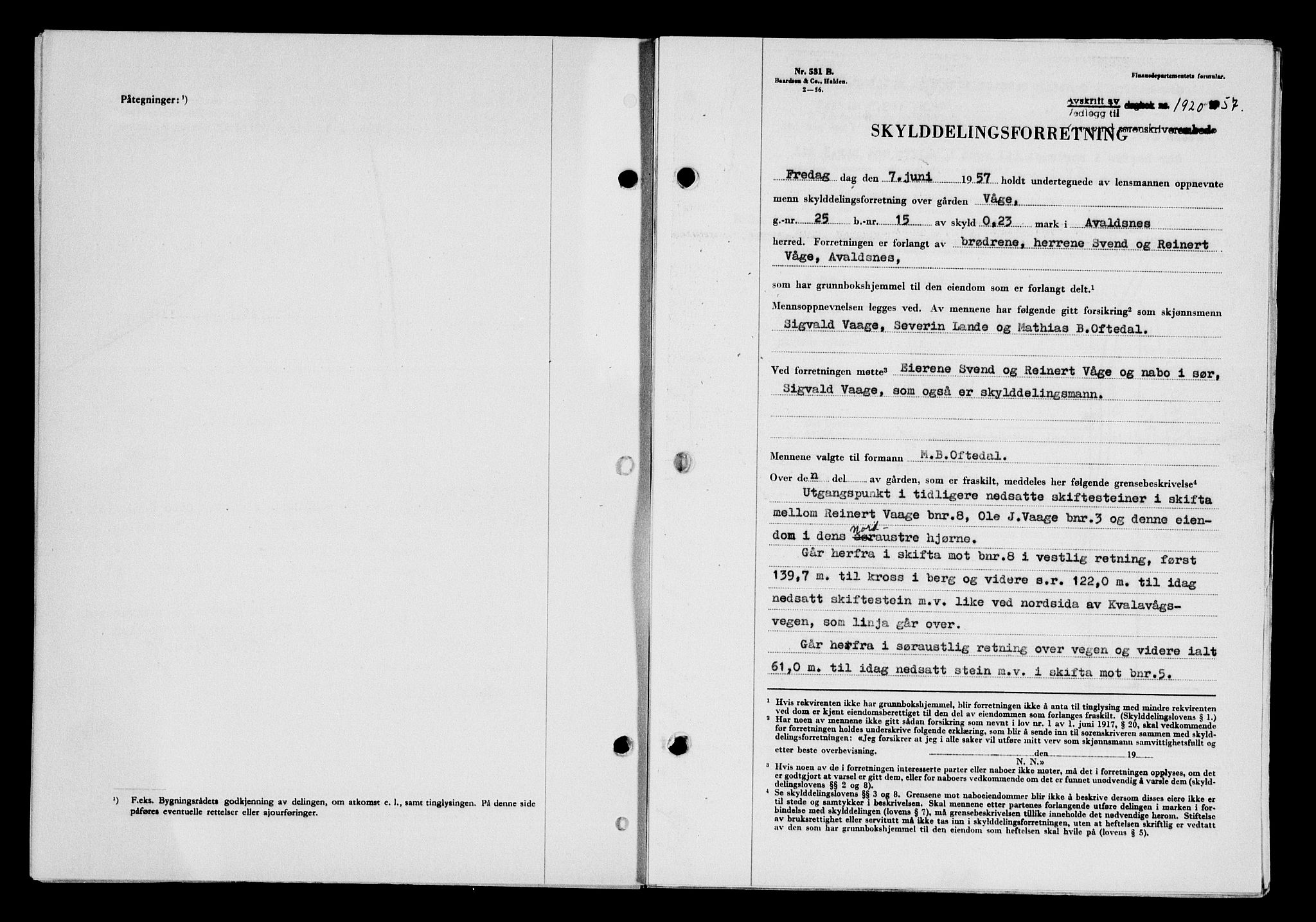 Karmsund sorenskriveri, SAST/A-100311/01/II/IIB/L0125: Mortgage book no. 105A, 1957-1957, Diary no: : 1920/1957