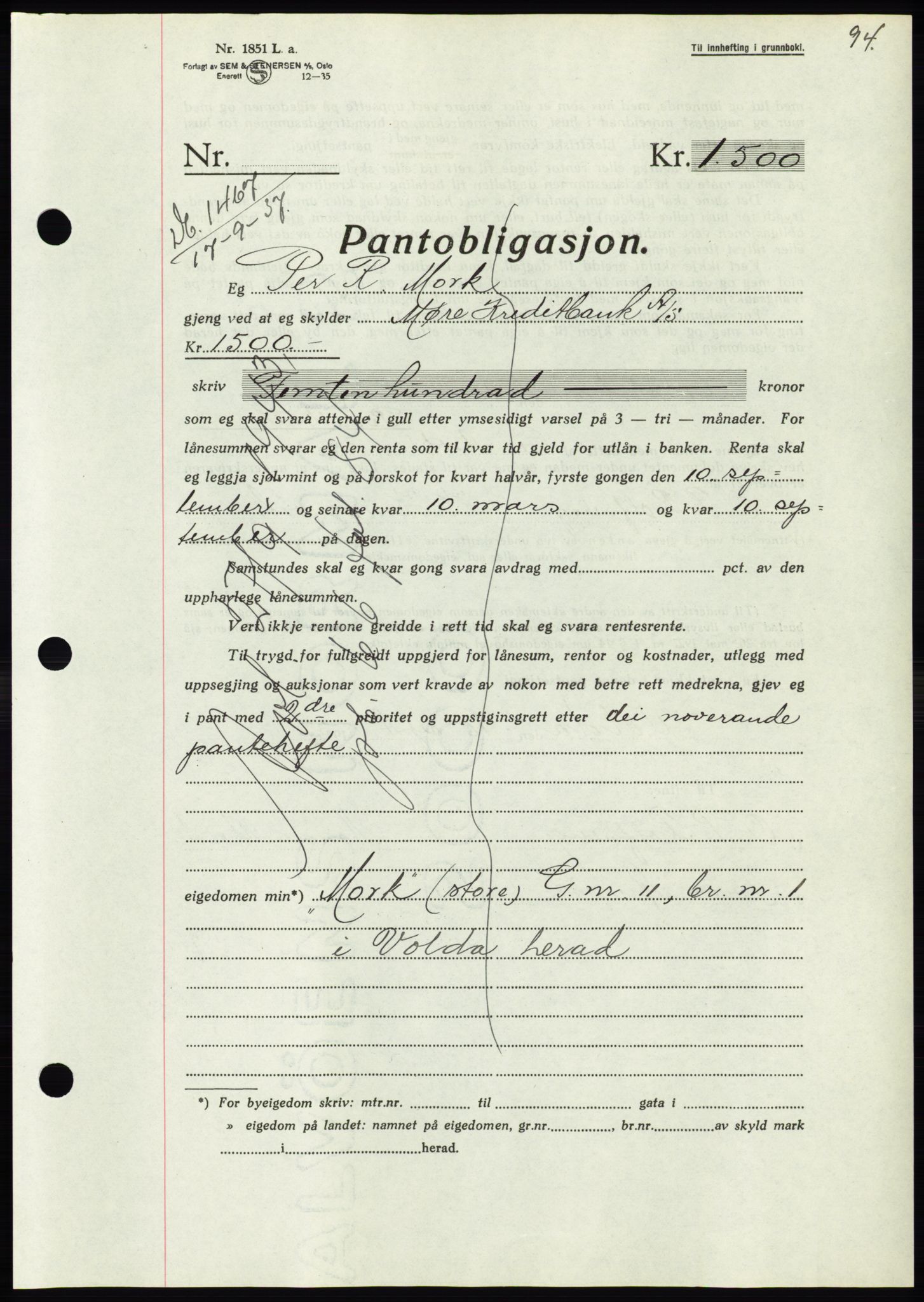 Søre Sunnmøre sorenskriveri, AV/SAT-A-4122/1/2/2C/L0064: Mortgage book no. 58, 1937-1938, Diary no: : 1467/1937