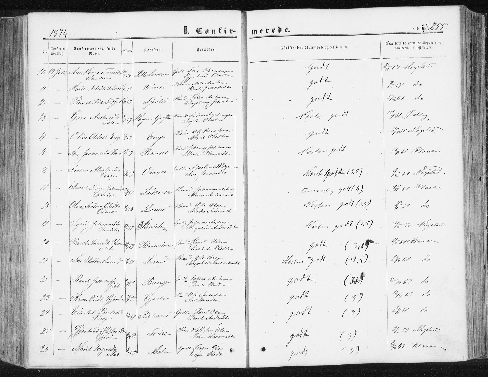 Ministerialprotokoller, klokkerbøker og fødselsregistre - Møre og Romsdal, AV/SAT-A-1454/578/L0905: Parish register (official) no. 578A04, 1859-1877, p. 255