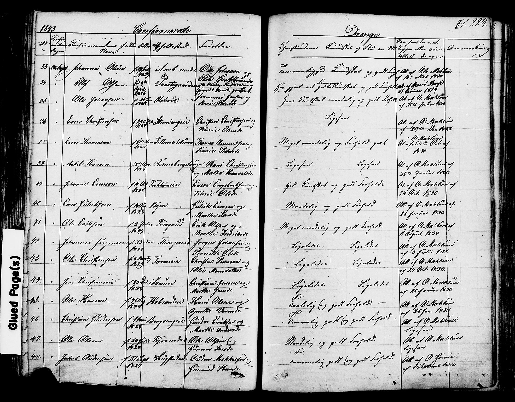 Ringsaker prestekontor, SAH/PREST-014/K/Ka/L0008: Parish register (official) no. 8, 1837-1850, p. 229