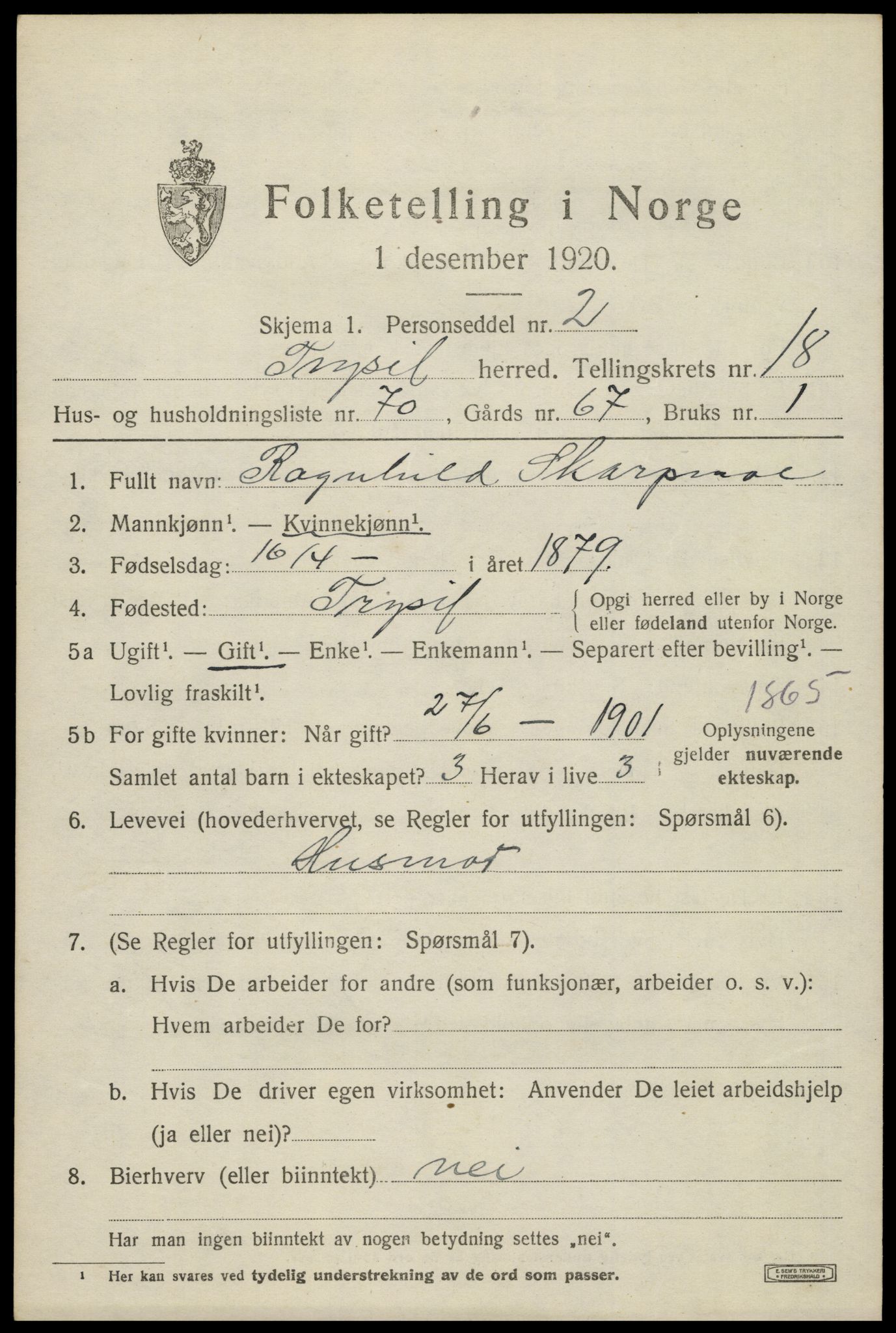 SAH, 1920 census for Trysil, 1920, p. 12609