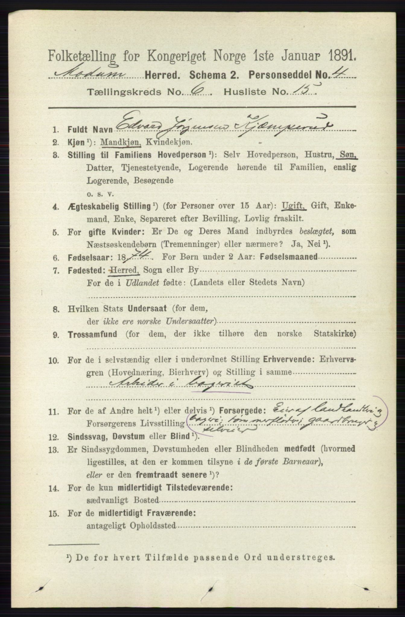 RA, 1891 census for 0623 Modum, 1891, p. 2237