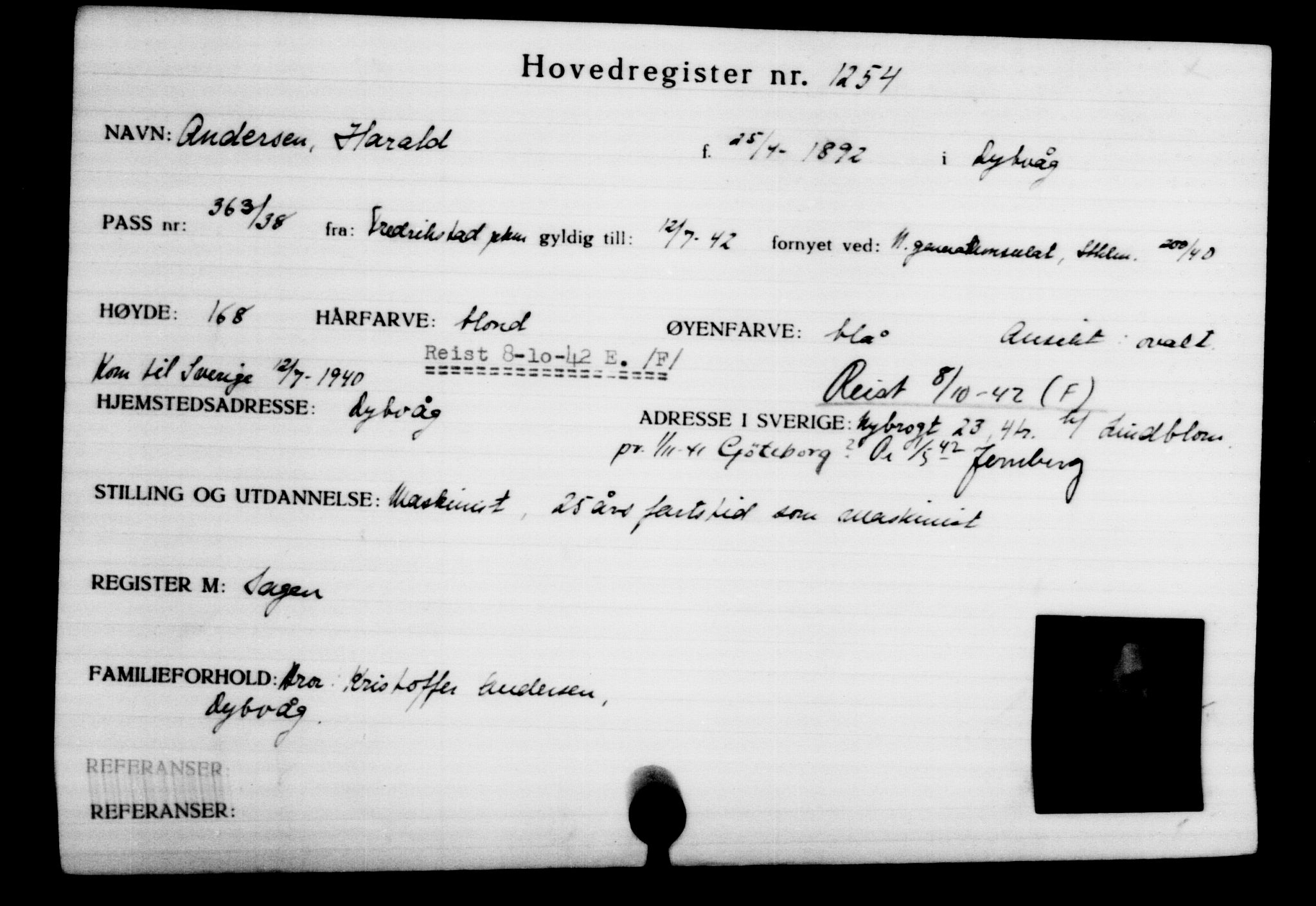 Utenriksstasjonene, Legasjonen i Stockholm, Flyktningkontoret, AV/RA-S-6753/V/Va/L0002: Kjesäterkartoteket, flyktninger med registreringsnr. 1001-2000, 1940-1945, p. 373