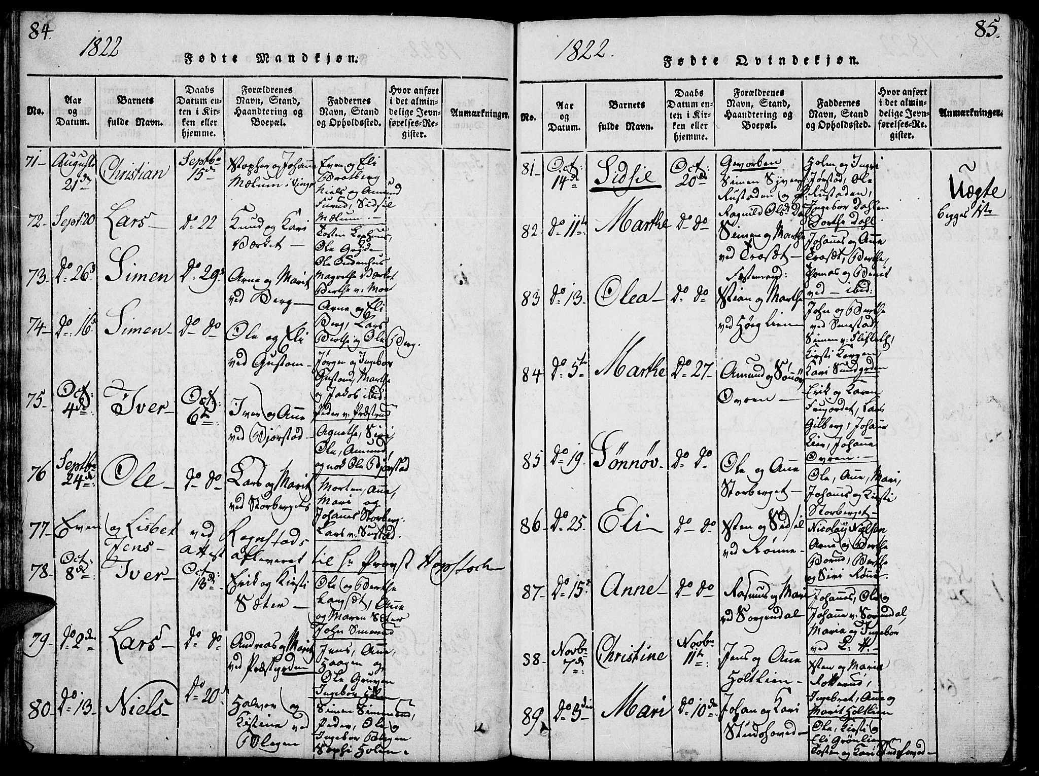 Fåberg prestekontor, SAH/PREST-086/H/Ha/Hab/L0004: Parish register (copy) no. 4, 1818-1837, p. 84-85