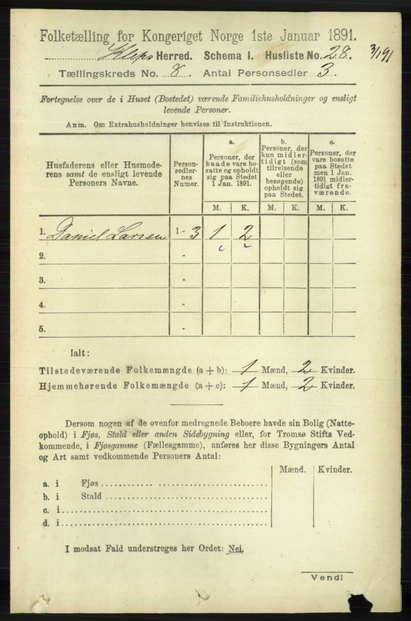 RA, 1891 census for 1120 Klepp, 1891, p. 2502