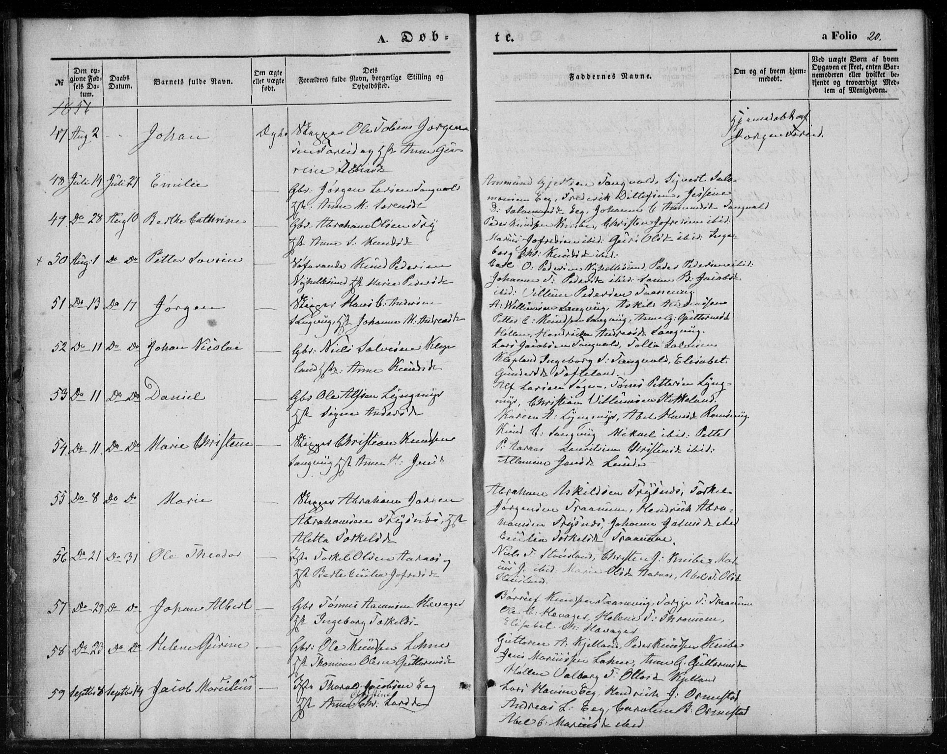 Søgne sokneprestkontor, AV/SAK-1111-0037/F/Fa/Fab/L0010: Parish register (official) no. A 10, 1853-1869, p. 20