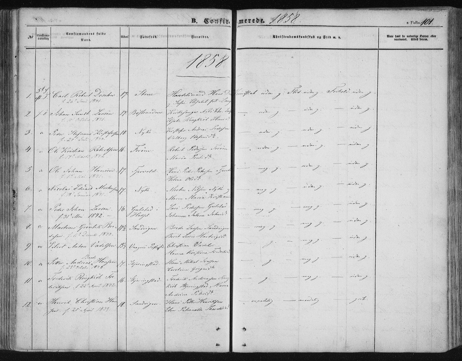 Ministerialprotokoller, klokkerbøker og fødselsregistre - Nordland, AV/SAT-A-1459/891/L1300: Parish register (official) no. 891A05, 1856-1870, p. 101