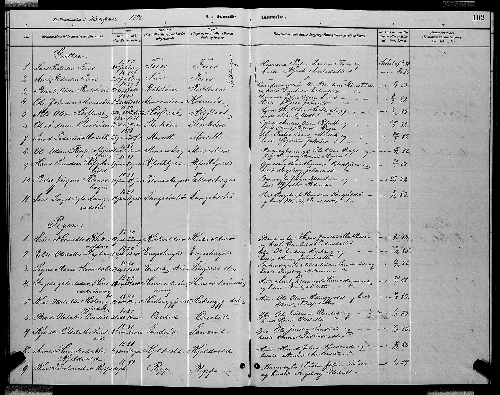 Ministerialprotokoller, klokkerbøker og fødselsregistre - Sør-Trøndelag, SAT/A-1456/688/L1028: Parish register (copy) no. 688C03, 1889-1899, p. 102