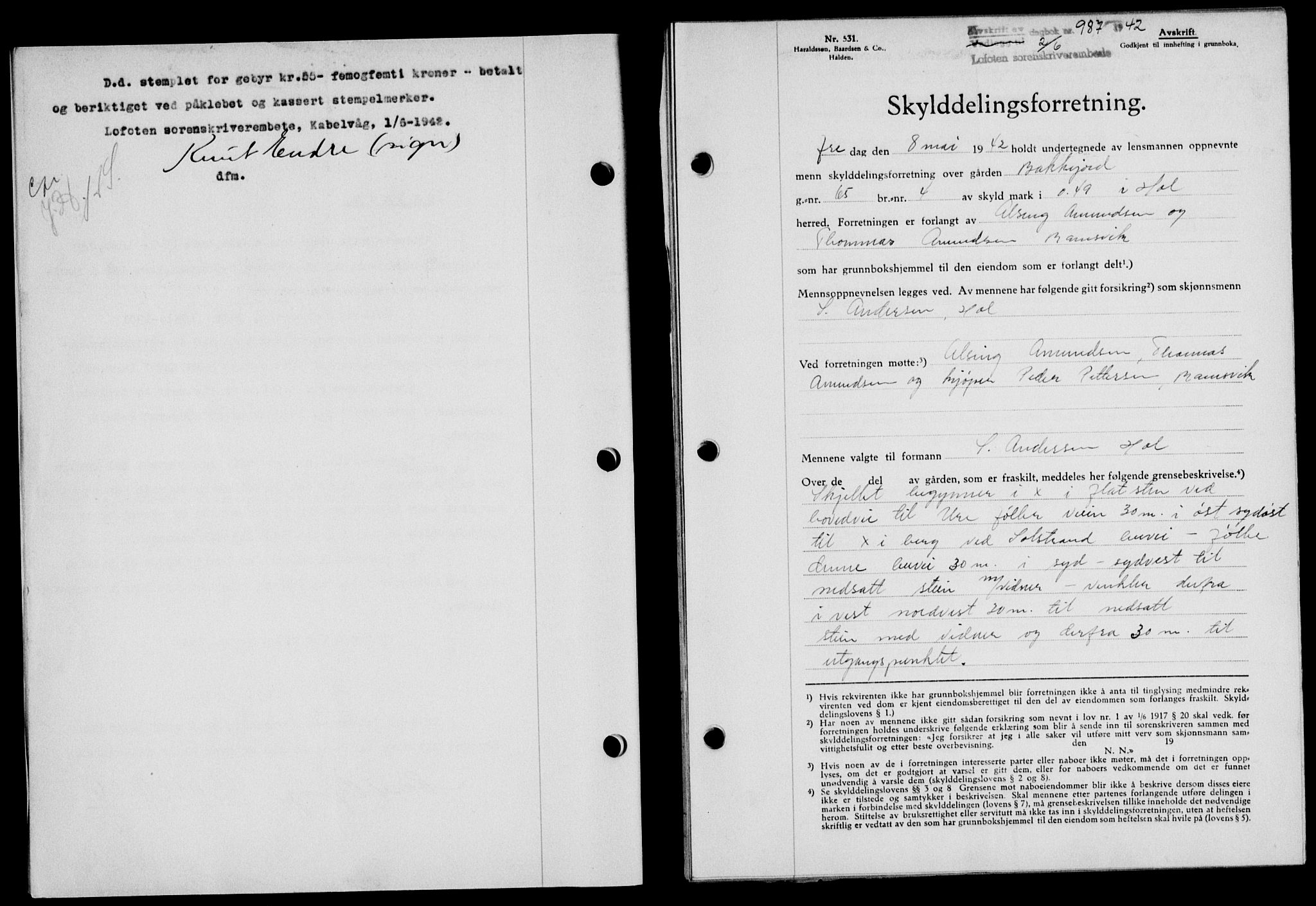 Lofoten sorenskriveri, SAT/A-0017/1/2/2C/L0010a: Mortgage book no. 10a, 1942-1943, Diary no: : 987/1942