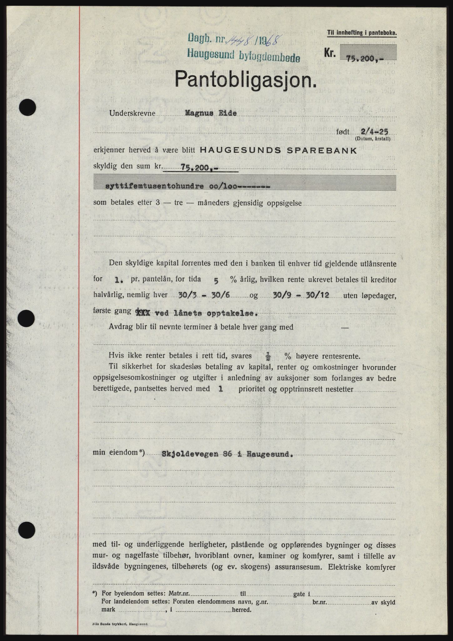 Haugesund tingrett, SAST/A-101415/01/II/IIC/L0058: Mortgage book no. B 58, 1967-1968, Diary no: : 1448/1968