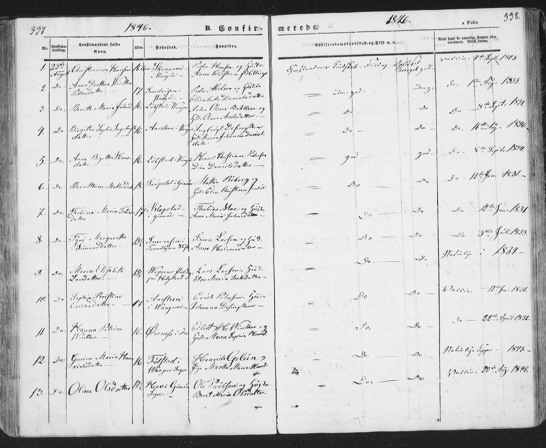 Ministerialprotokoller, klokkerbøker og fødselsregistre - Nordland, SAT/A-1459/874/L1072: Parish register (copy) no. 874C01, 1843-1859, p. 337-338