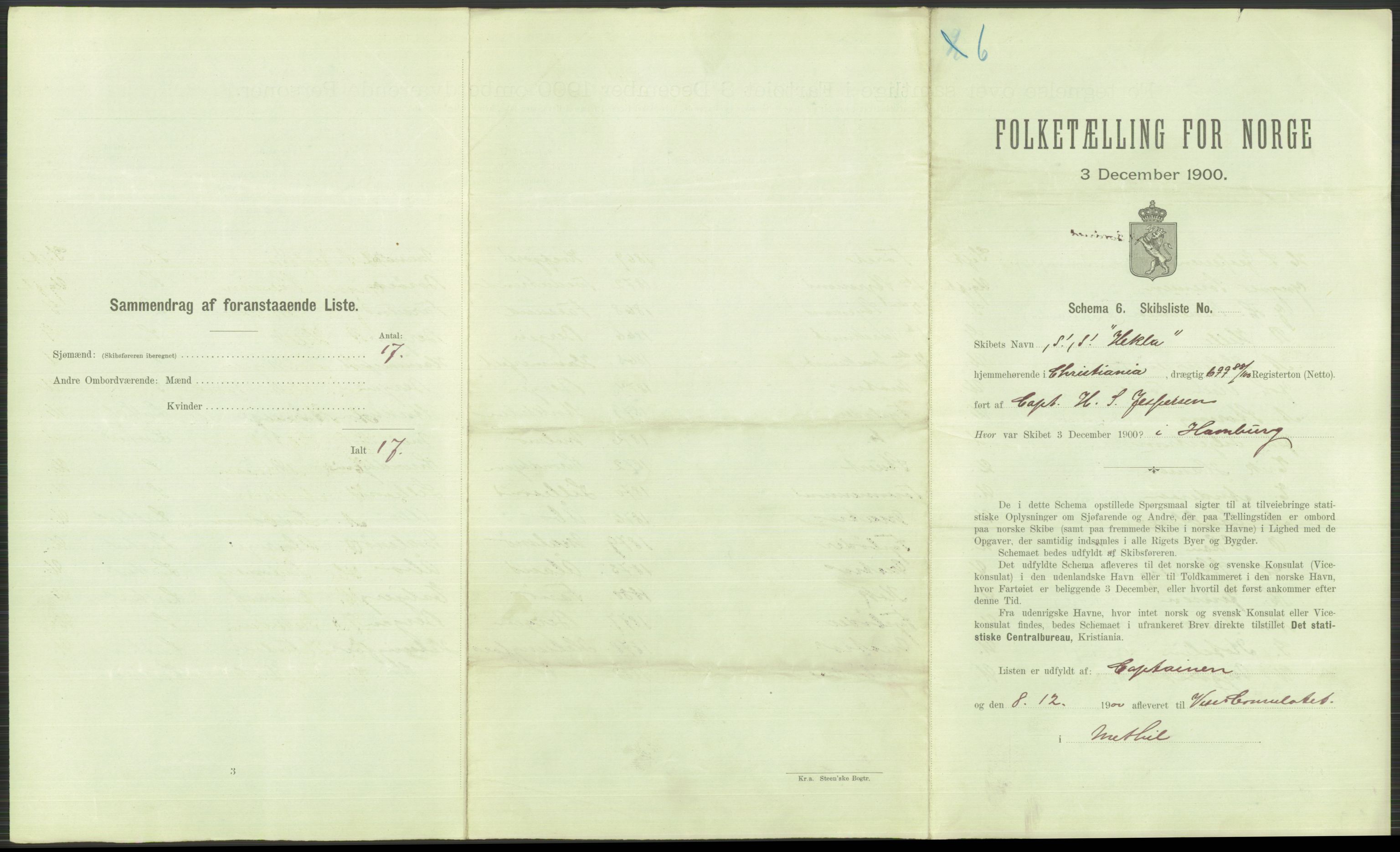 RA, 1900 Census - ship lists from ships in Norwegian harbours, harbours abroad and at sea, 1900, p. 3705