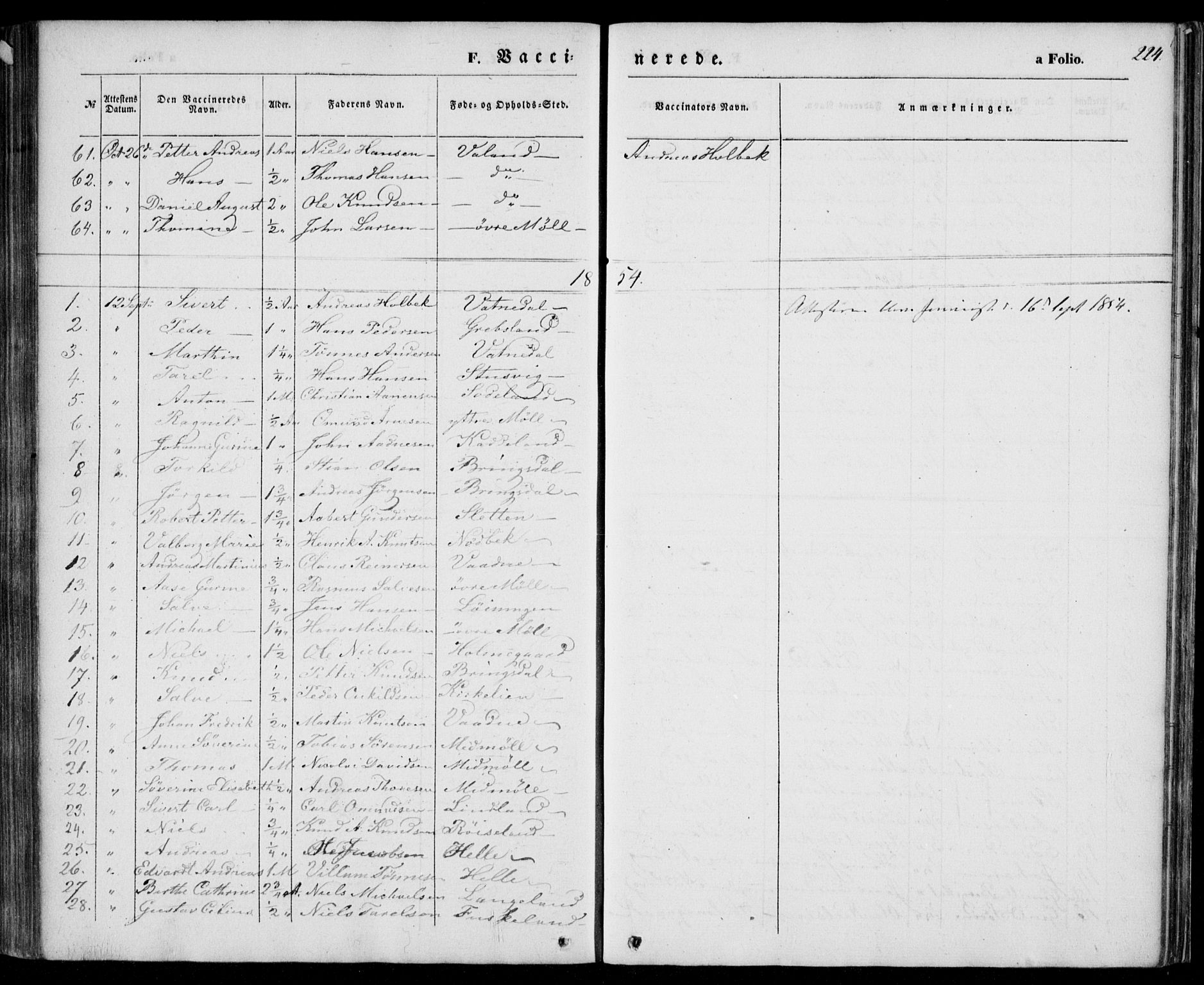 Holum sokneprestkontor, AV/SAK-1111-0022/F/Fa/Faa/L0005: Parish register (official) no. A 5, 1850-1864, p. 224