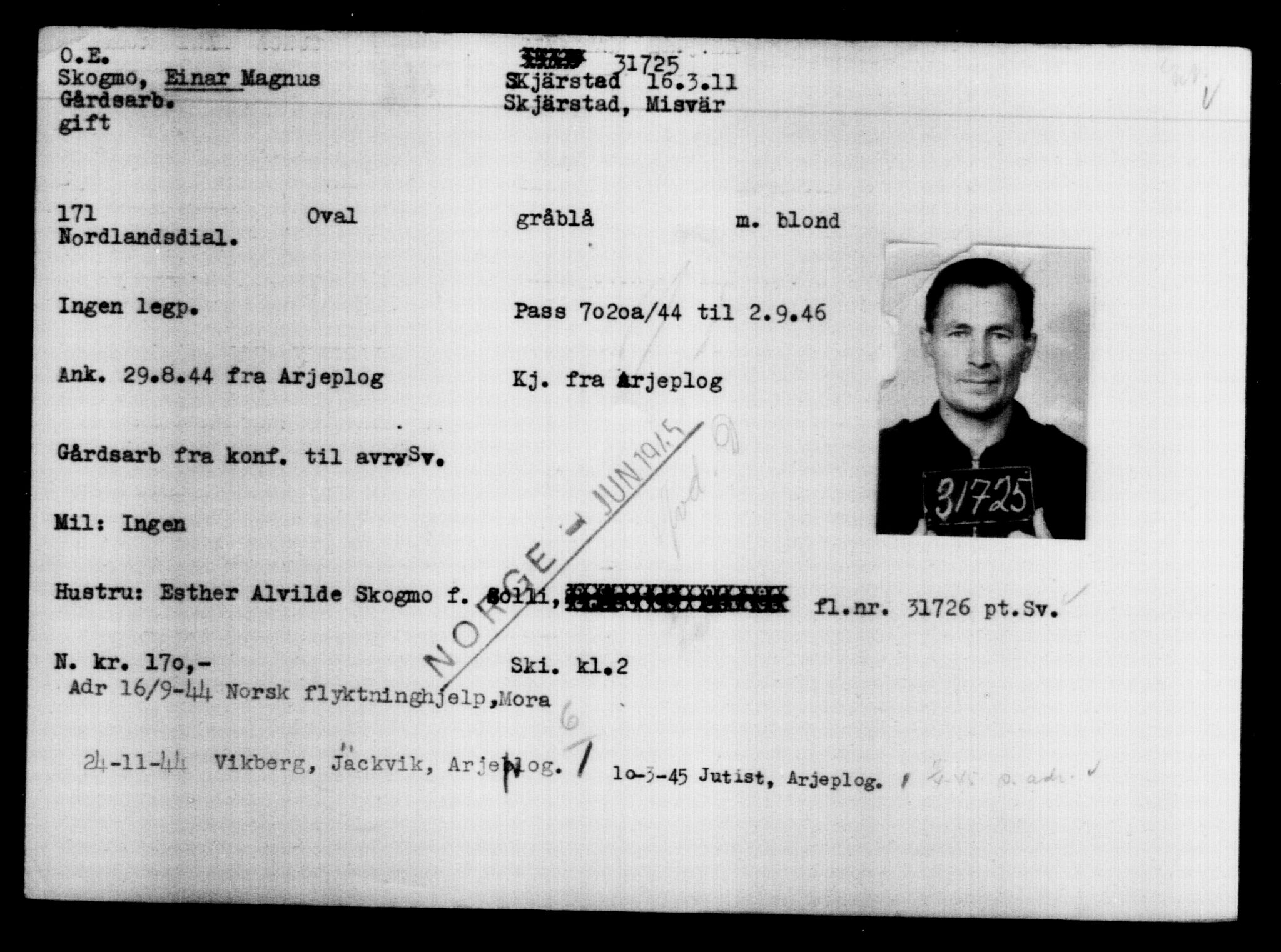 Utenriksstasjonene, Legasjonen i Stockholm, Flyktningkontoret, AV/RA-S-6753/V/Va/L0013: Kjesäterkartoteket, flyktninger med registreringsnr. 31500-34731, 1940-1945, p. 243