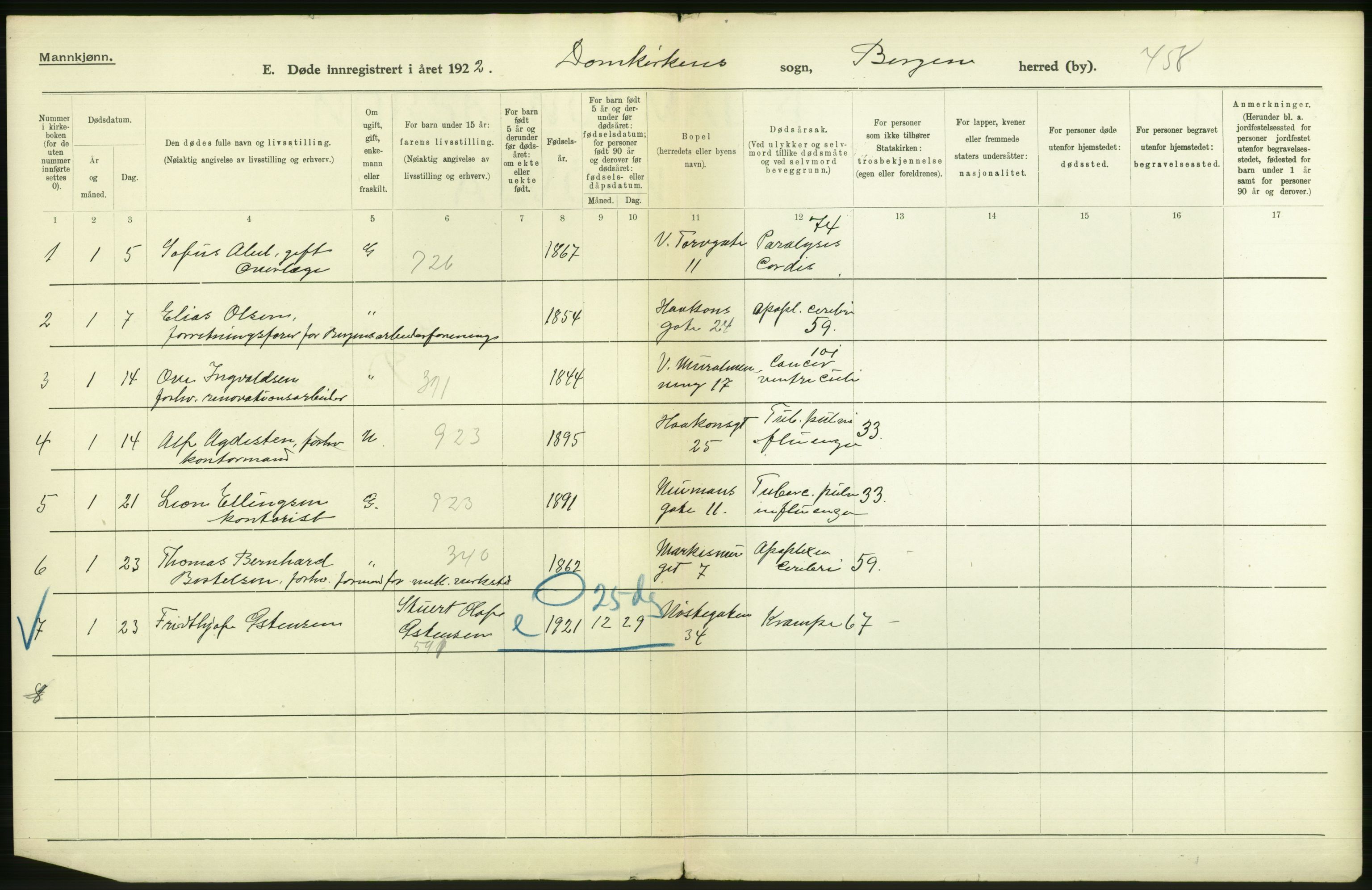 Statistisk sentralbyrå, Sosiodemografiske emner, Befolkning, AV/RA-S-2228/D/Df/Dfc/Dfcb/L0030: Bergen: Gifte, døde, dødfødte., 1922, p. 712