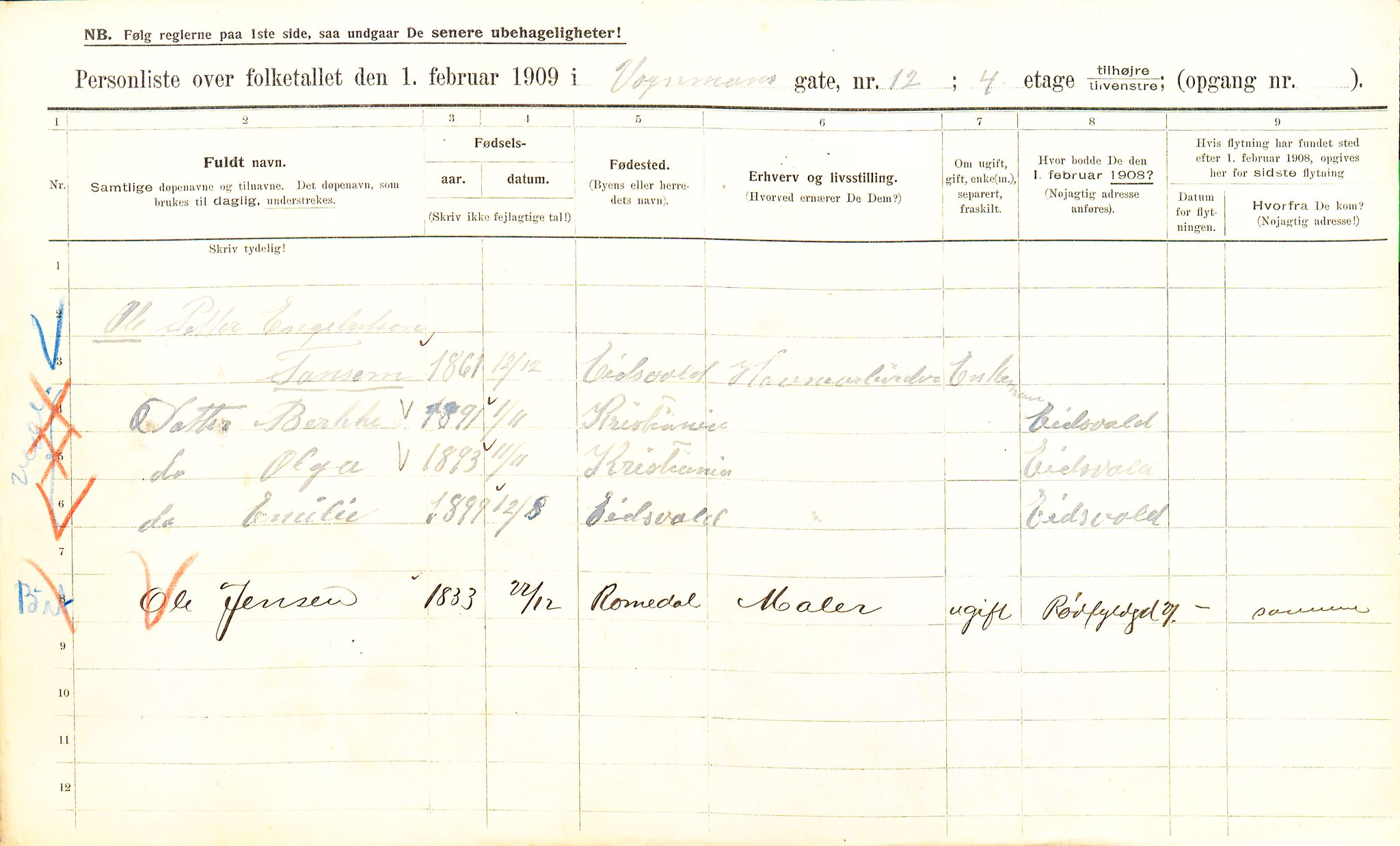 OBA, Municipal Census 1909 for Kristiania, 1909, p. 112638