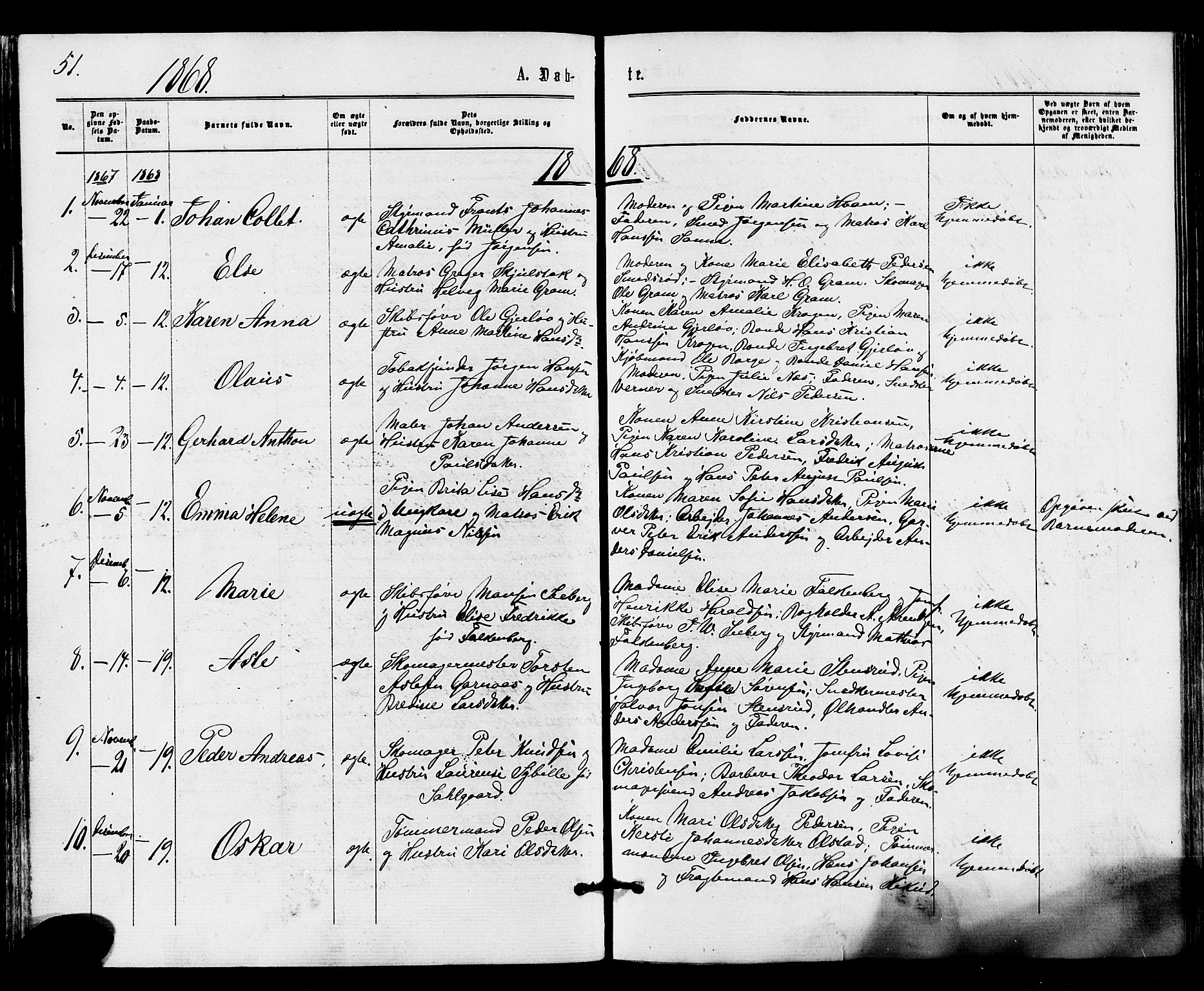 Tønsberg kirkebøker, SAKO/A-330/F/Fa/L0009: Parish register (official) no. I 9, 1865-1873, p. 51