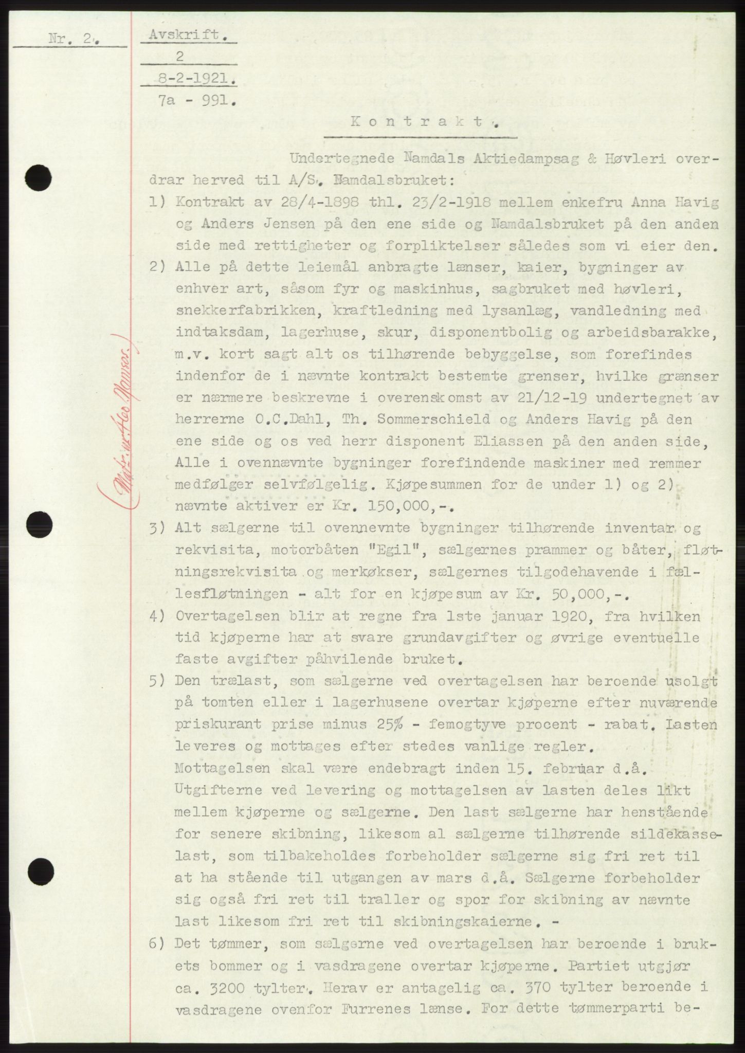 Namdal sorenskriveri, SAT/A-4133/1/2/2C: Mortgage book no. -, 1916-1921, Deed date: 08.02.1921