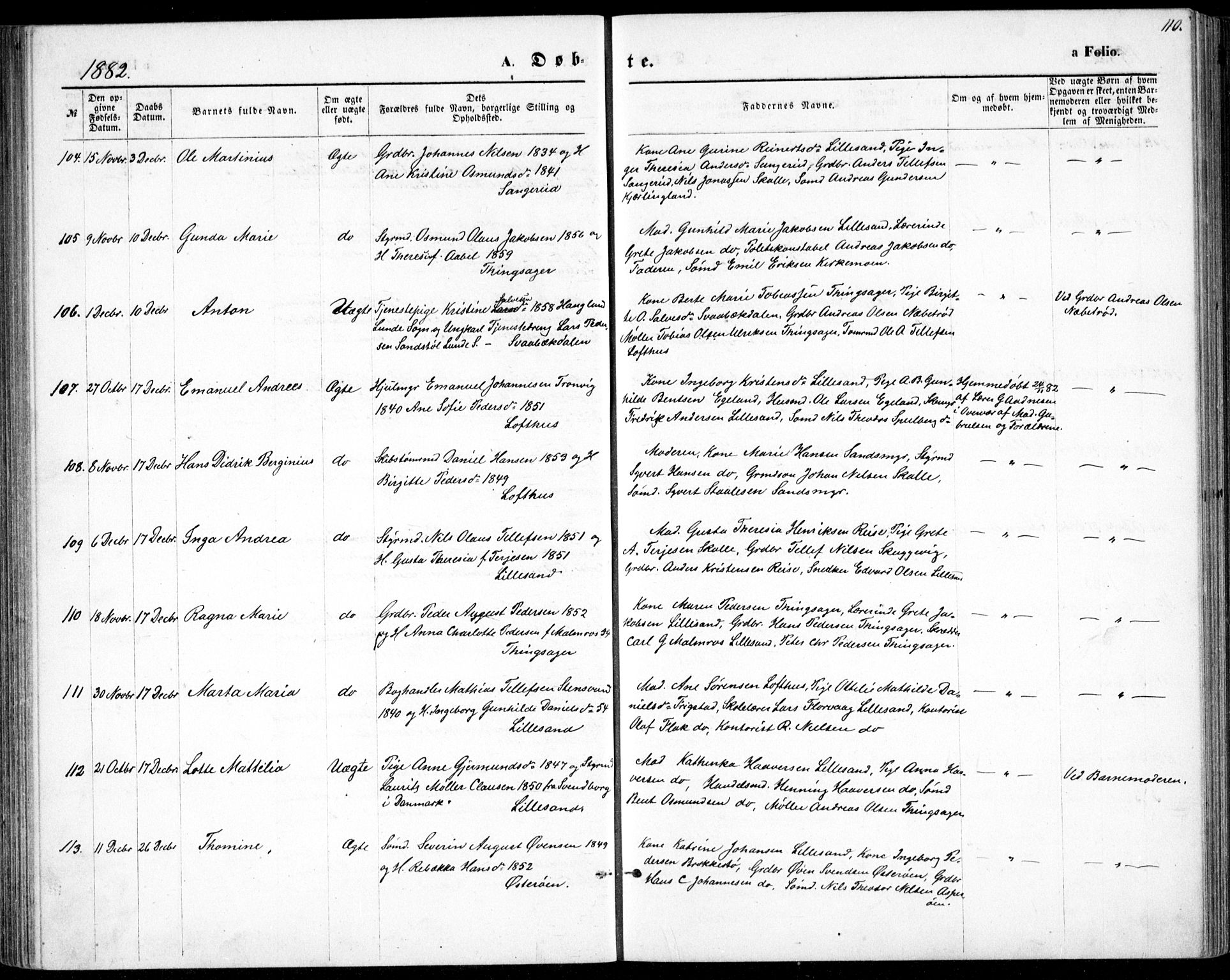 Vestre Moland sokneprestkontor, SAK/1111-0046/F/Fb/Fbb/L0005: Parish register (copy) no. B 5, 1872-1883, p. 110