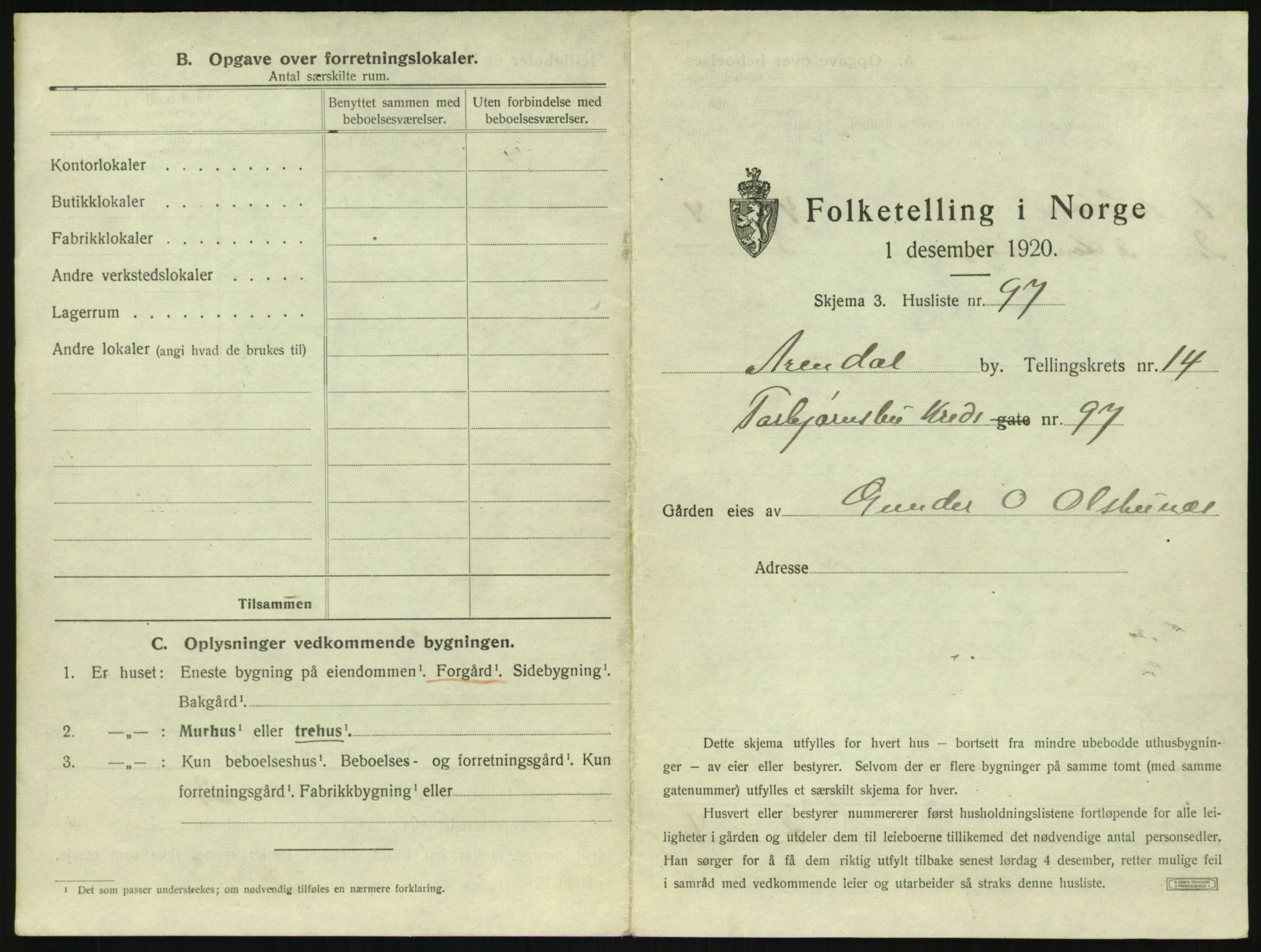 SAK, 1920 census for Arendal, 1920, p. 2172