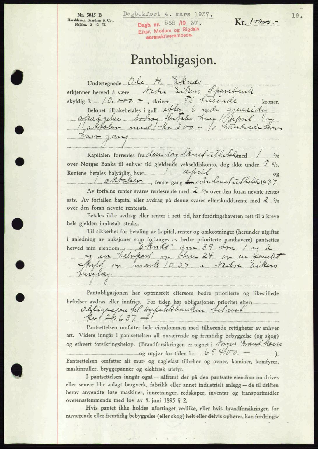 Eiker, Modum og Sigdal sorenskriveri, SAKO/A-123/G/Ga/Gab/L0035: Mortgage book no. A5, 1937-1937, Diary no: : 568/1937