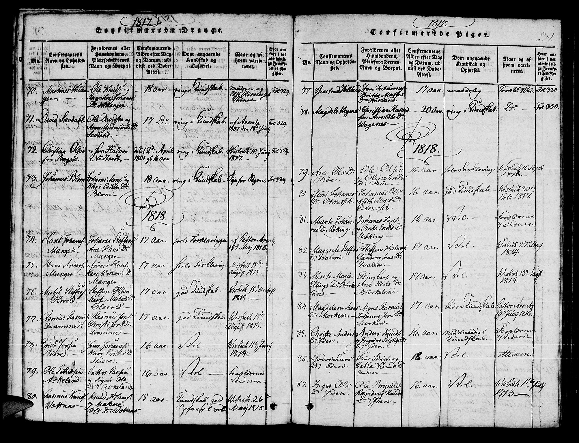 Manger sokneprestembete, AV/SAB-A-76801/H/Haa: Parish register (official) no. A 3, 1816-1824, p. 239