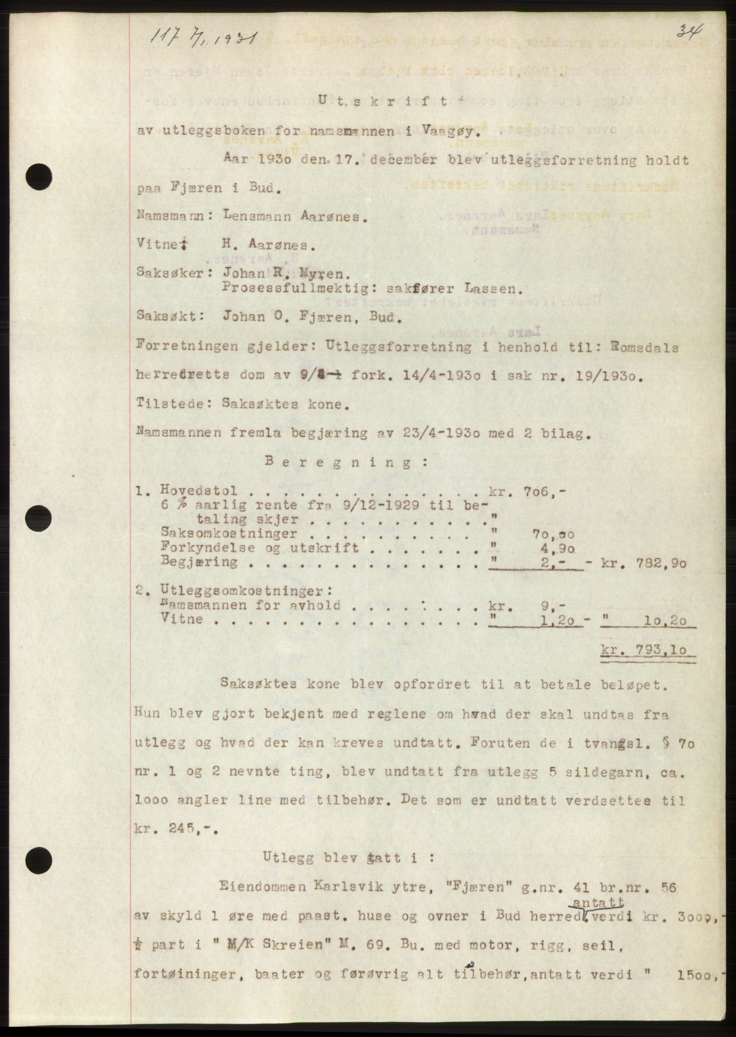 Romsdal sorenskriveri, AV/SAT-A-4149/1/2/2C/L0059: Mortgage book no. 53, 1931-1931, Deed date: 07.01.1931