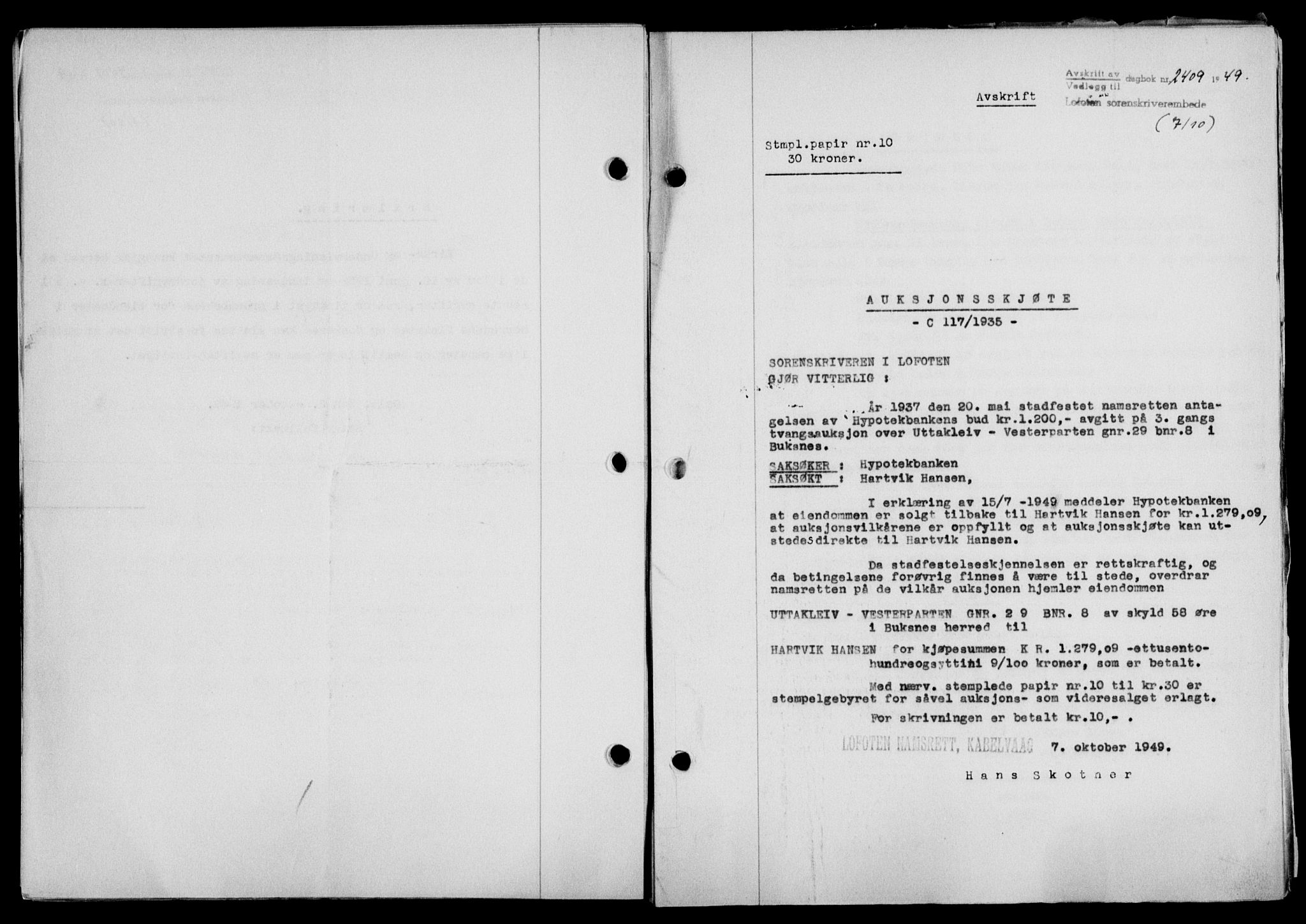 Lofoten sorenskriveri, SAT/A-0017/1/2/2C/L0022a: Mortgage book no. 22a, 1949-1950, Diary no: : 2409/1949