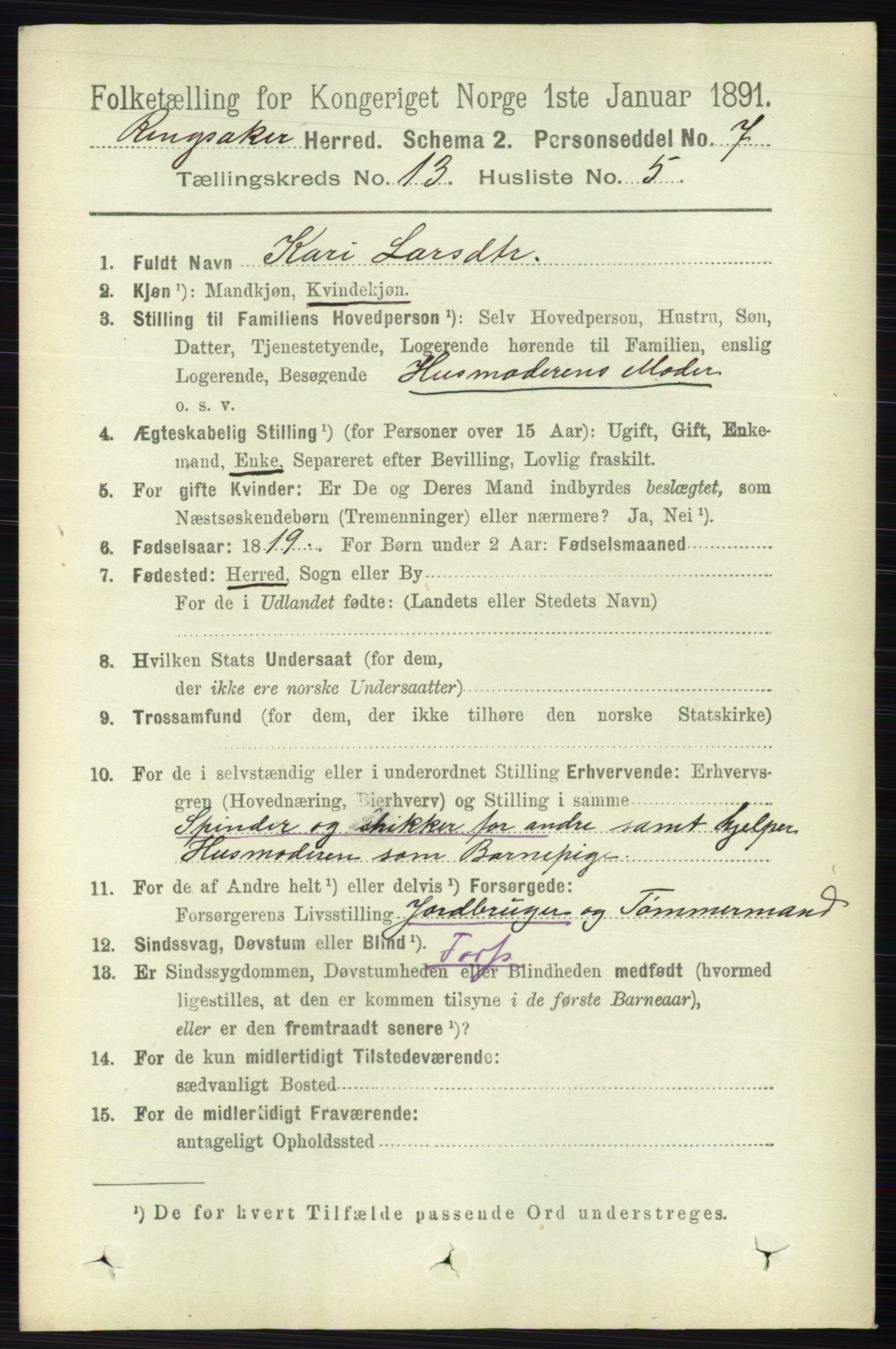 RA, 1891 census for 0412 Ringsaker, 1891, p. 7235