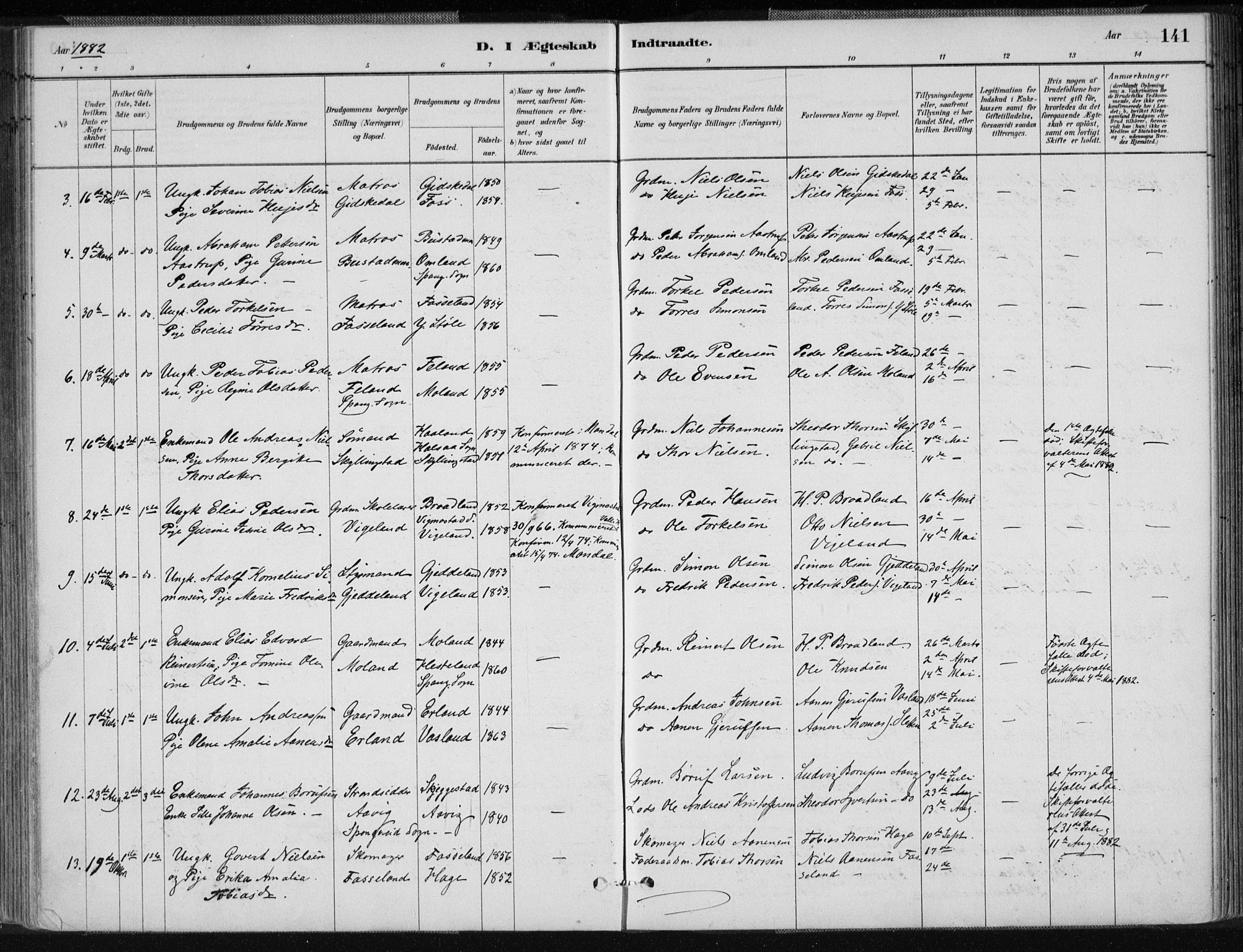 Sør-Audnedal sokneprestkontor, AV/SAK-1111-0039/F/Fa/Fab/L0009: Parish register (official) no. A 9, 1880-1895, p. 141