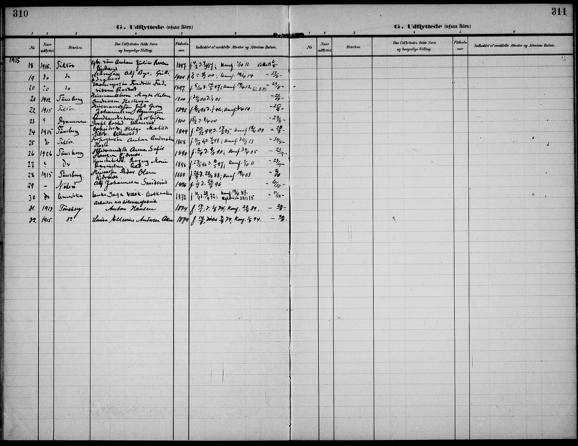 Sem kirkebøker, SAKO/A-5/F/Fa/L0012: Parish register (official) no. I 12, 1905-1915, p. 310-311