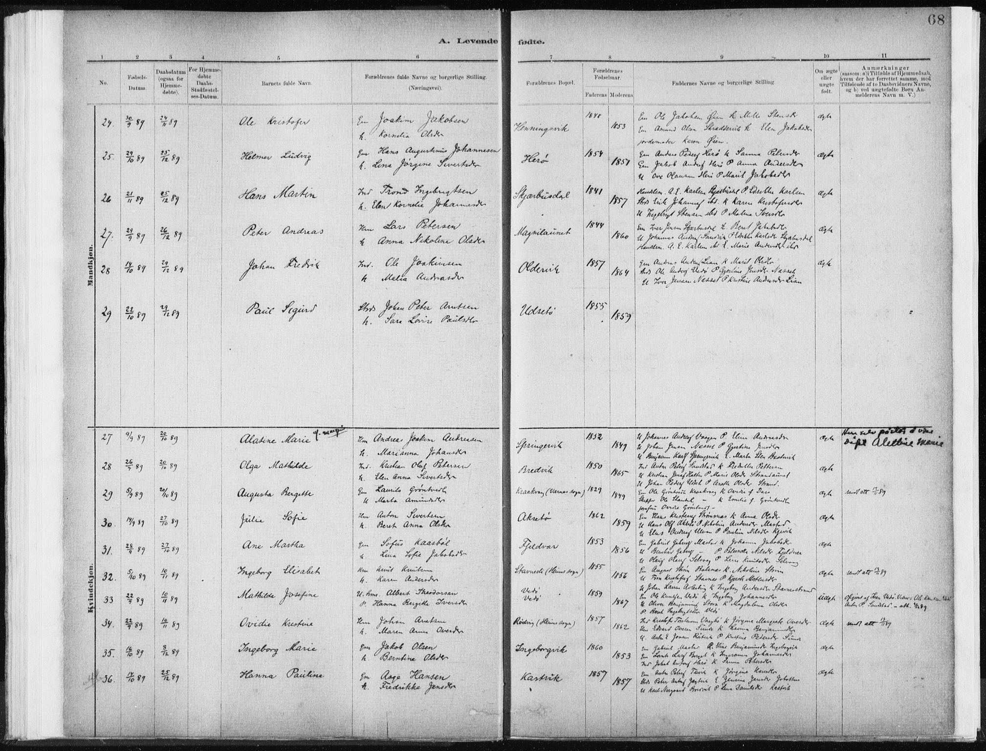 Ministerialprotokoller, klokkerbøker og fødselsregistre - Sør-Trøndelag, AV/SAT-A-1456/637/L0558: Parish register (official) no. 637A01, 1882-1899, p. 68