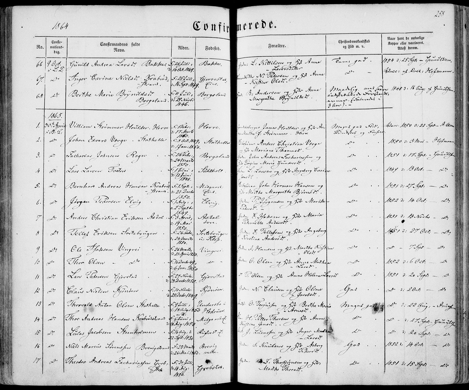 Bamble kirkebøker, SAKO/A-253/F/Fa/L0005: Parish register (official) no. I 5, 1854-1869, p. 258