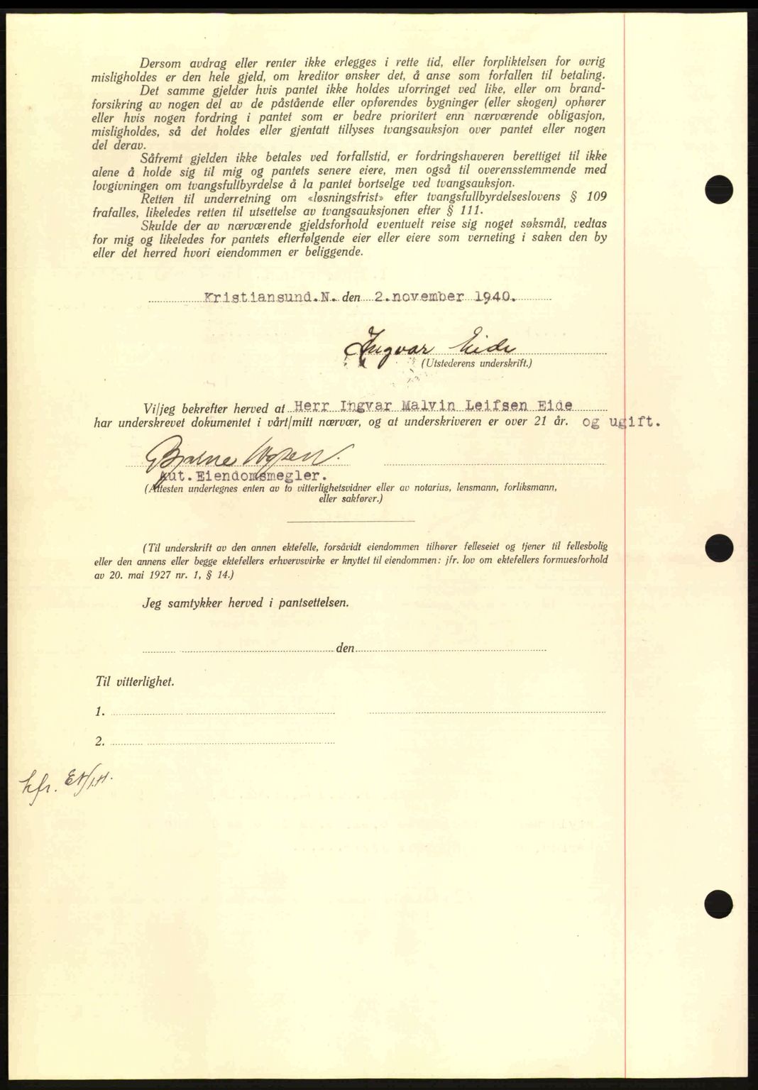 Nordmøre sorenskriveri, AV/SAT-A-4132/1/2/2Ca: Mortgage book no. B87, 1940-1941, Diary no: : 1983/1940