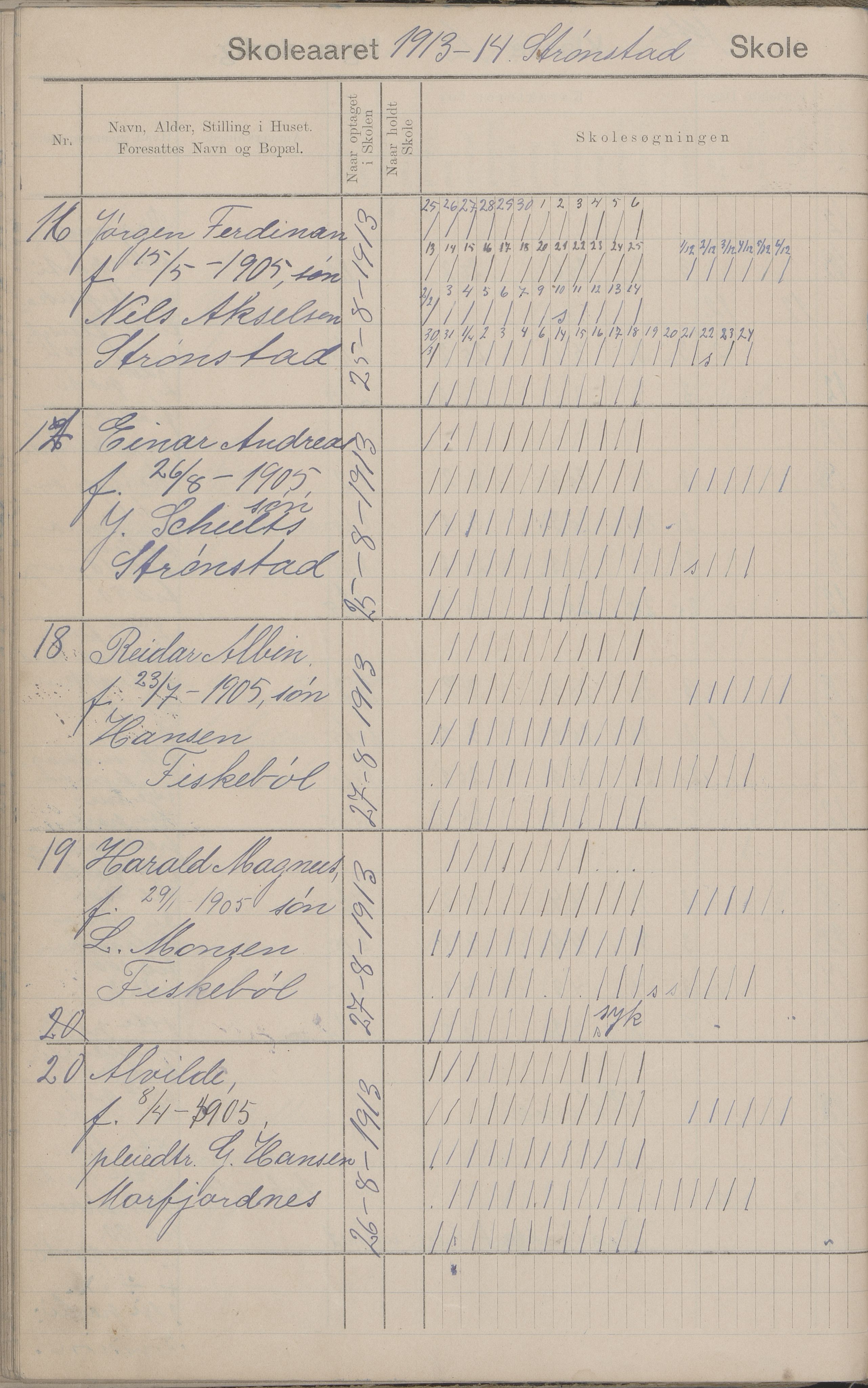 Hadsel kommune. Strønstad skolekrets, AIN/K-18660.510.13/G/L0001: Skoleprotokoll for Strønstad skole - Seloter, 1905-1914