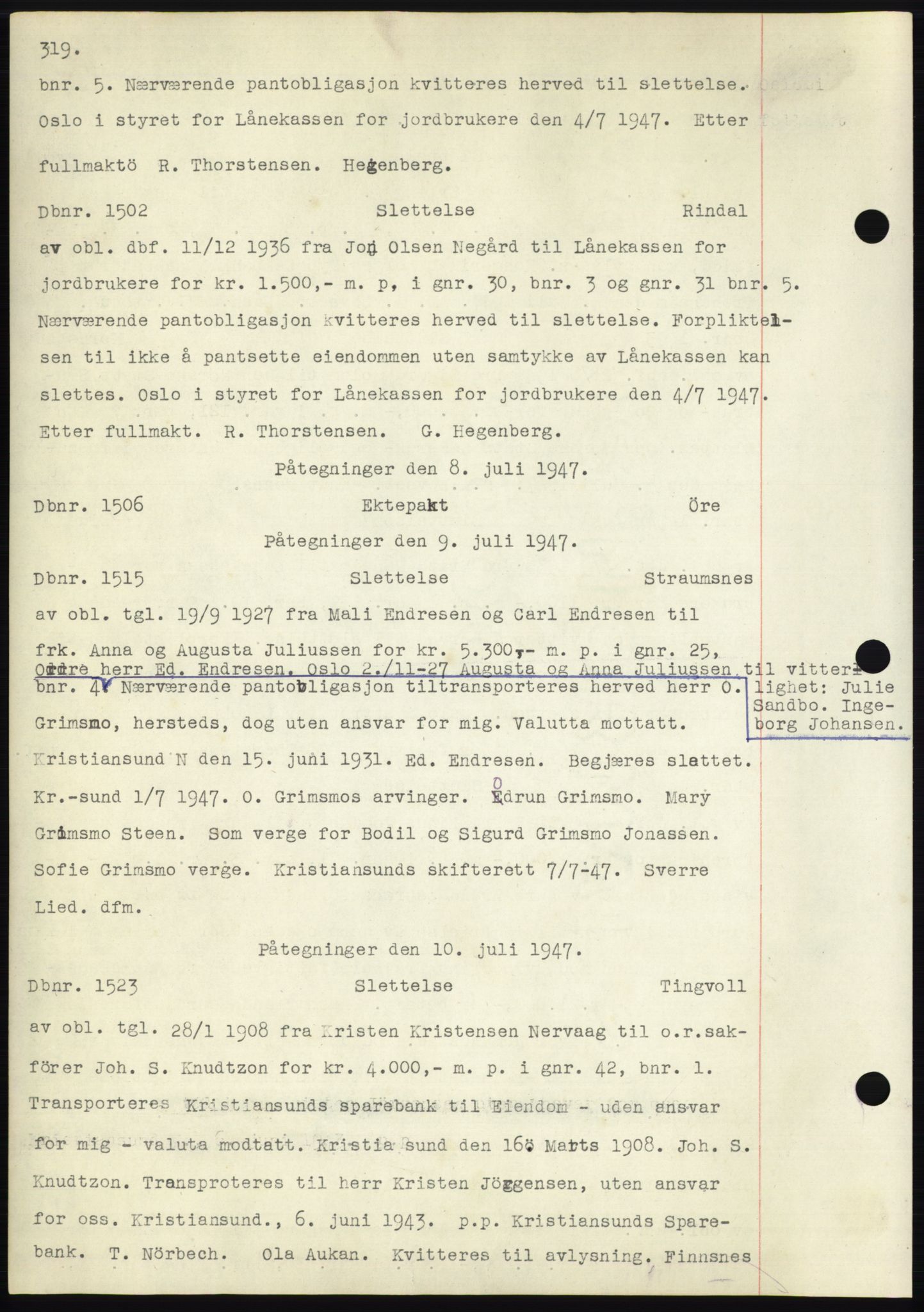 Nordmøre sorenskriveri, SAT/A-4132/1/2/2Ca: Mortgage book no. C82b, 1946-1951, Diary no: : 1502/1947