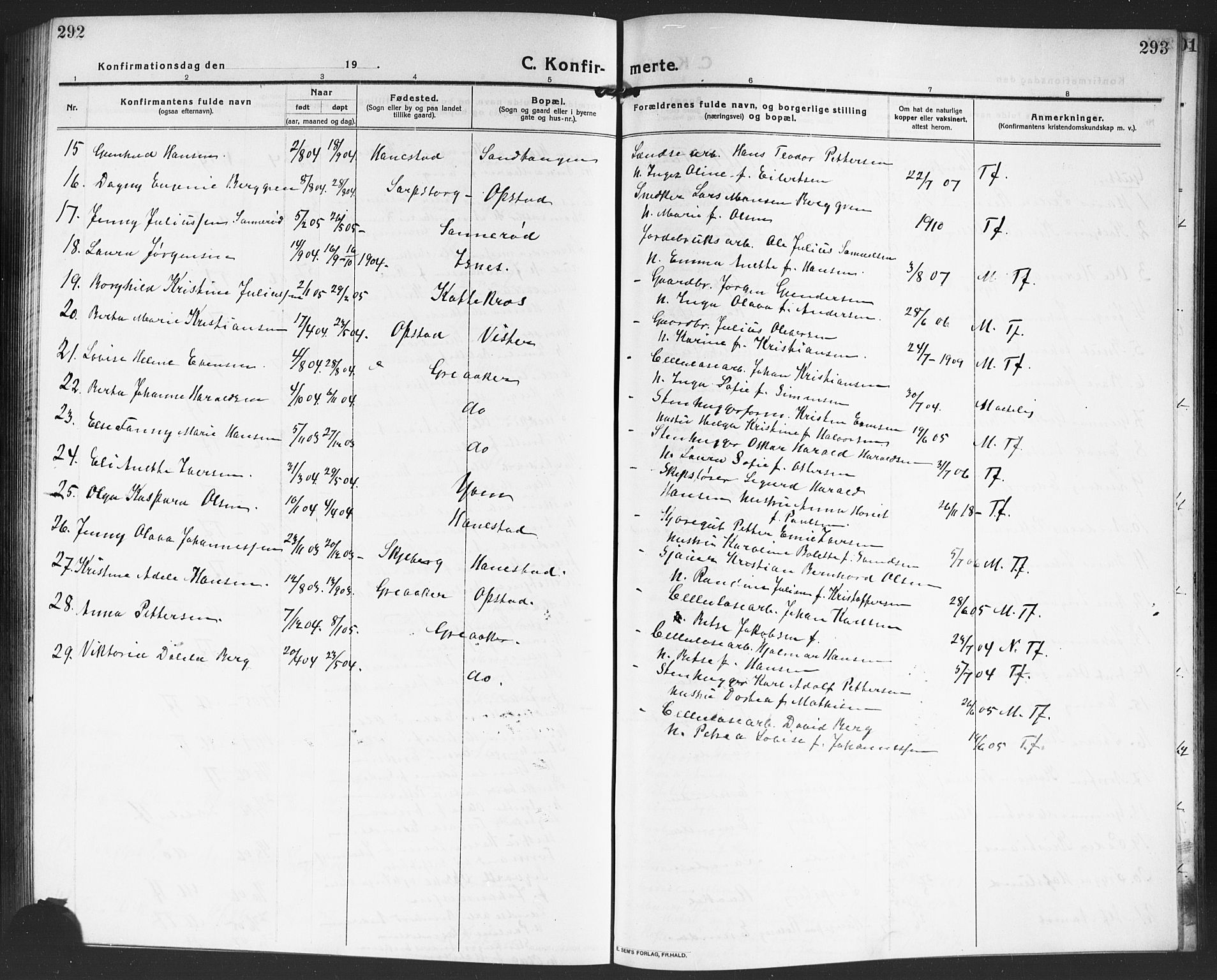 Tune prestekontor Kirkebøker, SAO/A-2007/G/Ga/L0003: Parish register (copy) no. I 3, 1914-1919, p. 292-293