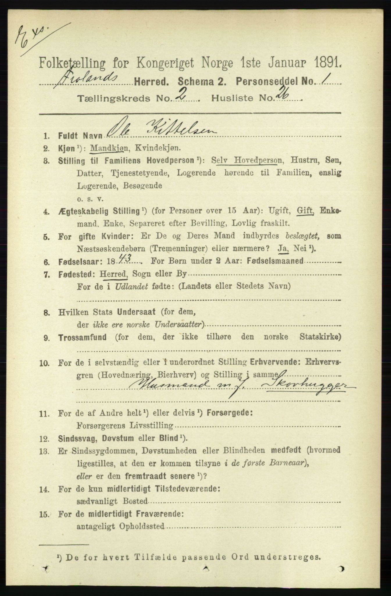 RA, Census 1891 for Nedenes amt: Gjenparter av personsedler for beslektede ektefeller, menn, 1891, p. 431