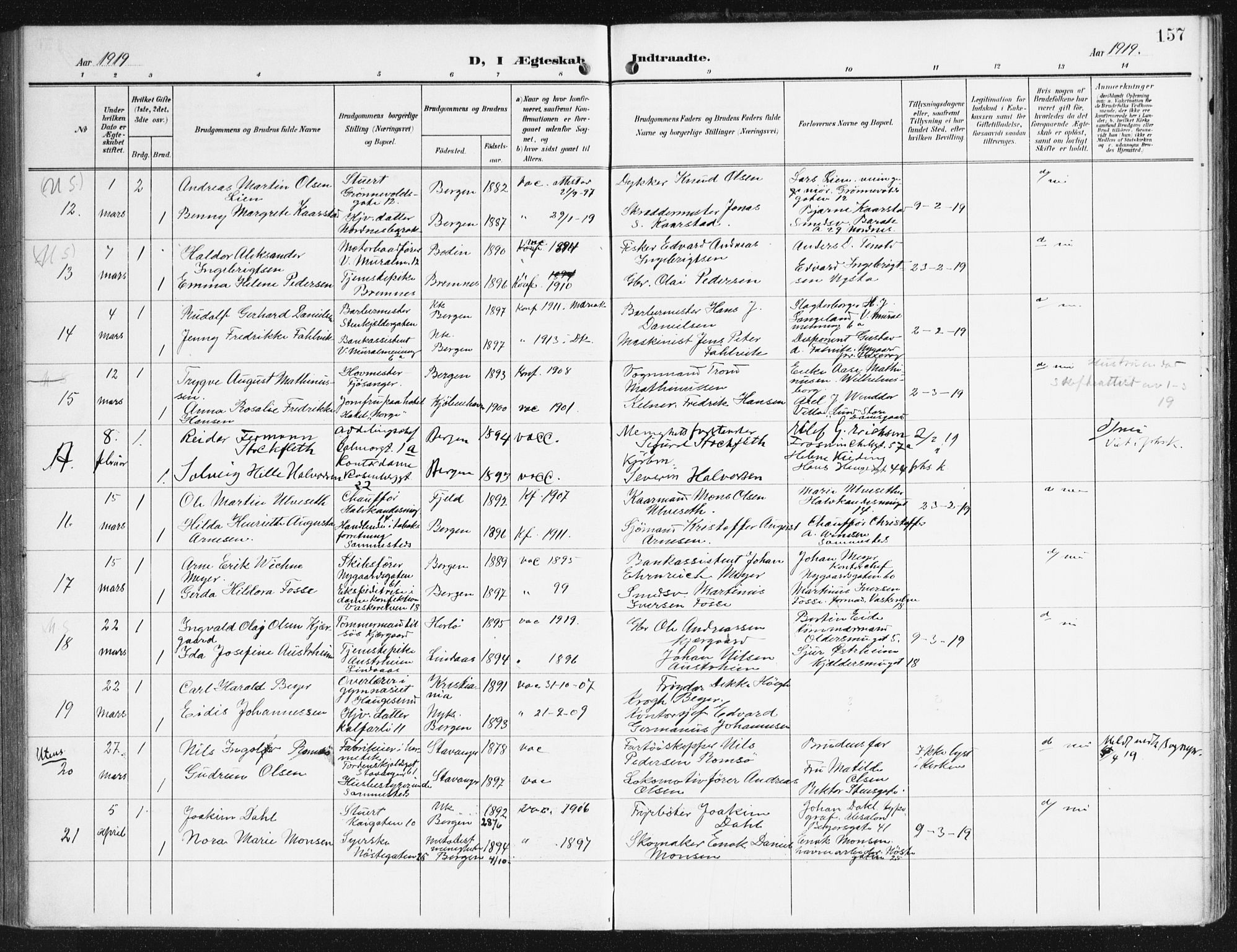 Domkirken sokneprestembete, AV/SAB-A-74801/H/Haa/L0038: Parish register (official) no. D 5, 1906-1921, p. 157